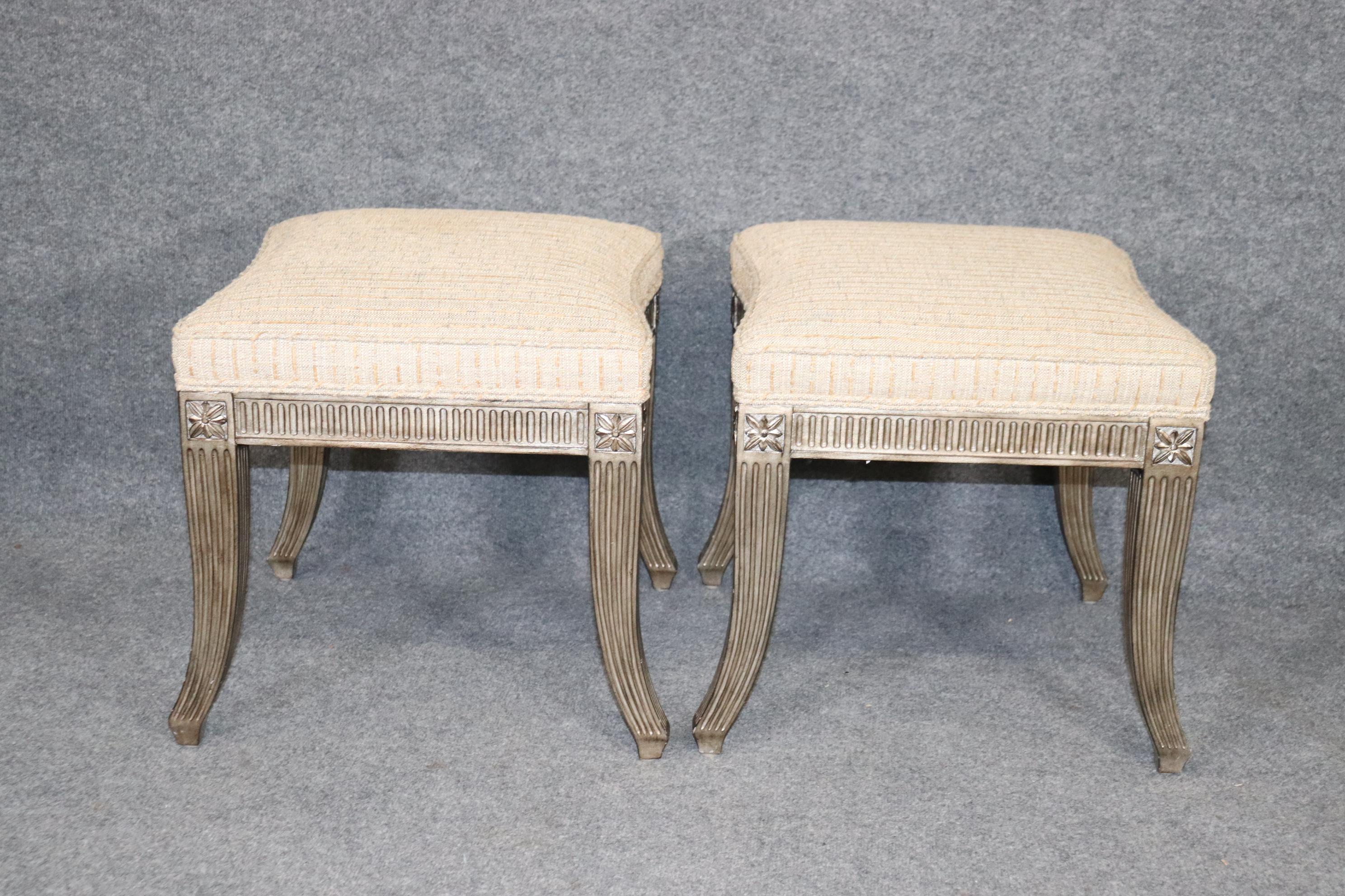 Pair of Silver Leaf Upholstered Sabre Leg French Directoire Stools  1