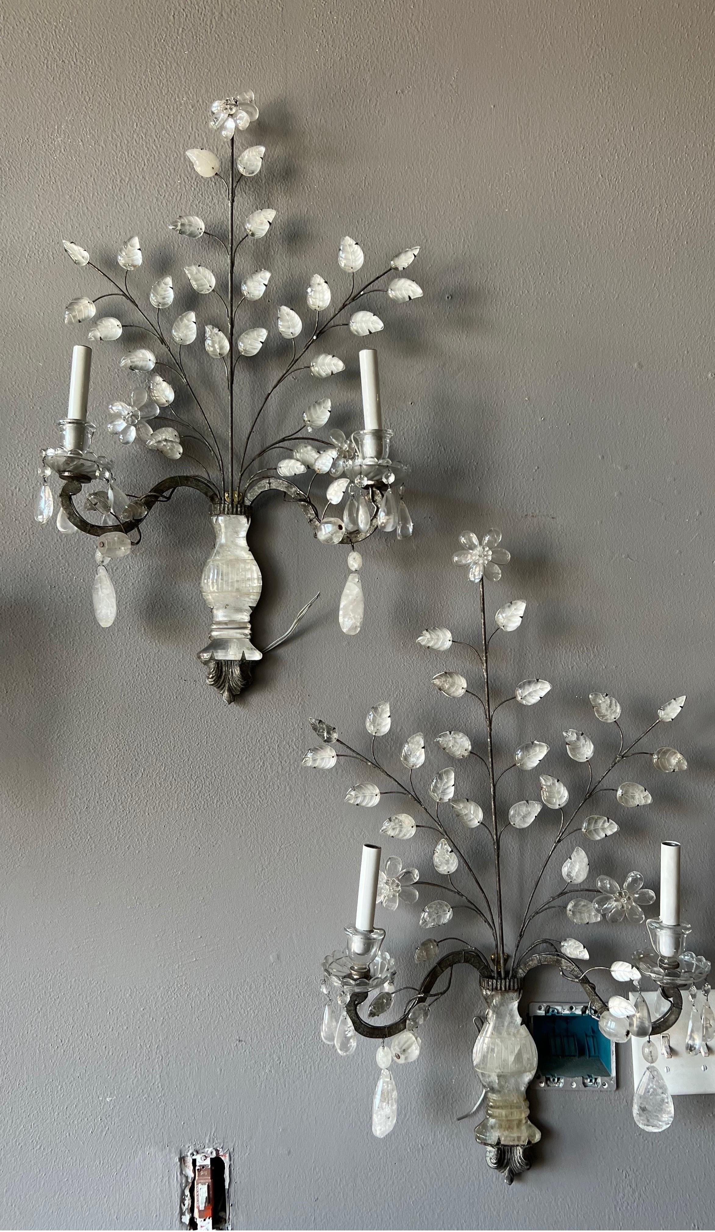Great pair of silvered rock crystal vase and flower form sconces. Recently rewired.