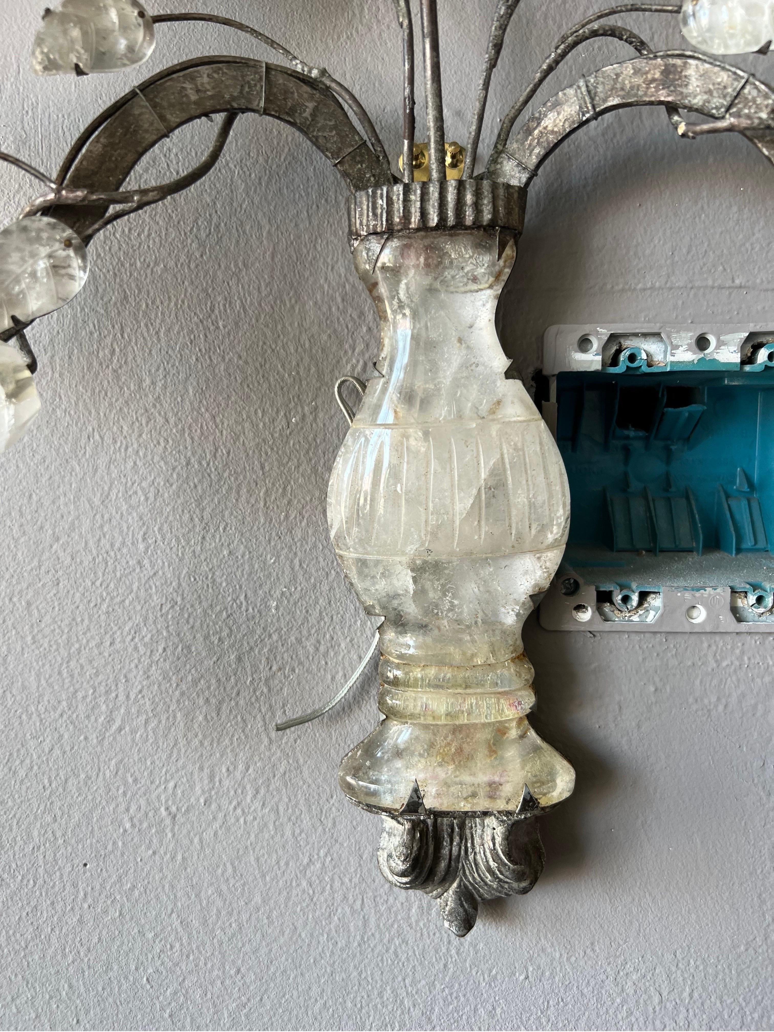 Pair of “Silver leafed” Rock Crystal Vase Shaped Sconces In Good Condition For Sale In Charleston, SC