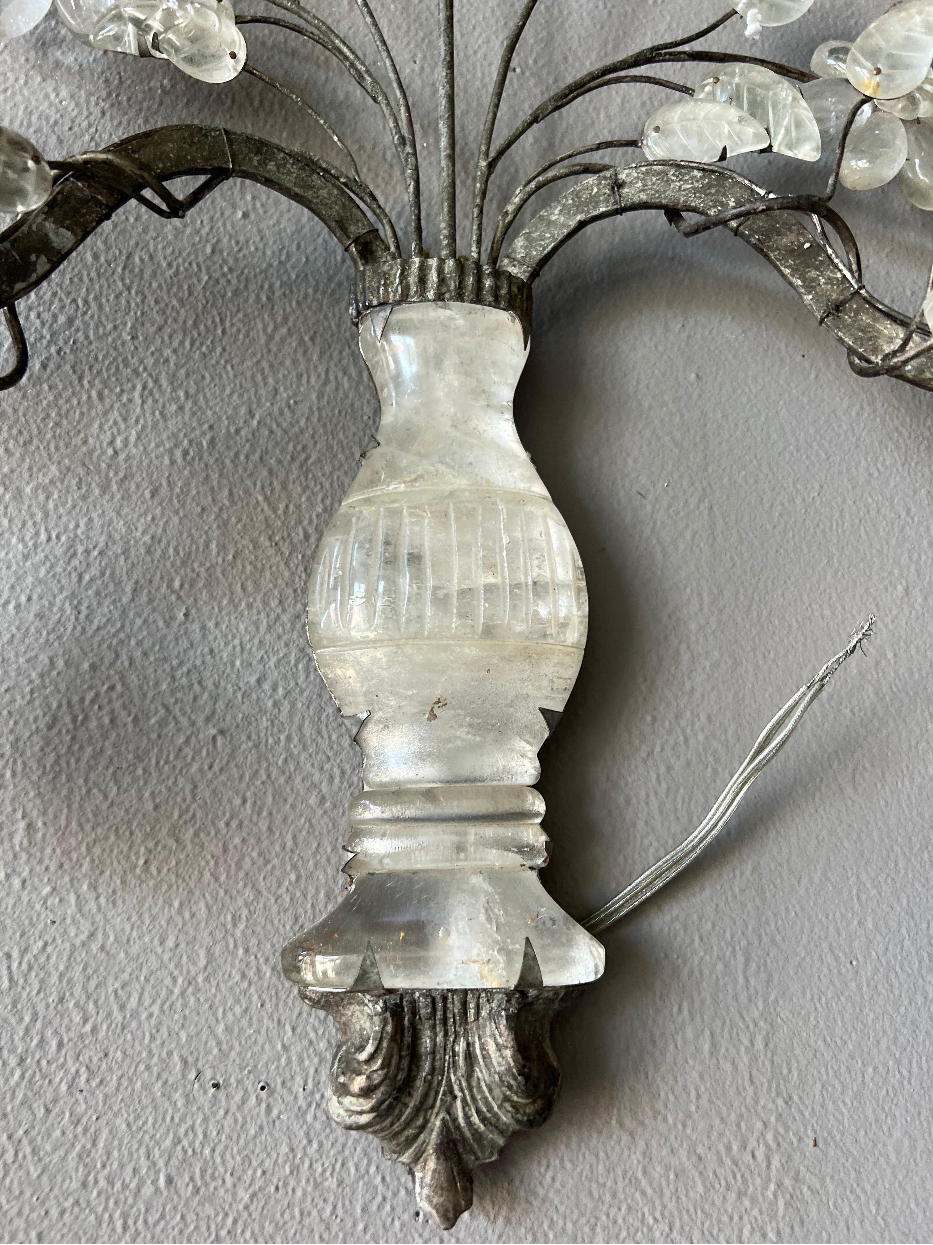 Pair of “Silver leafed” Rock Crystal Vase Shaped Sconces For Sale 2