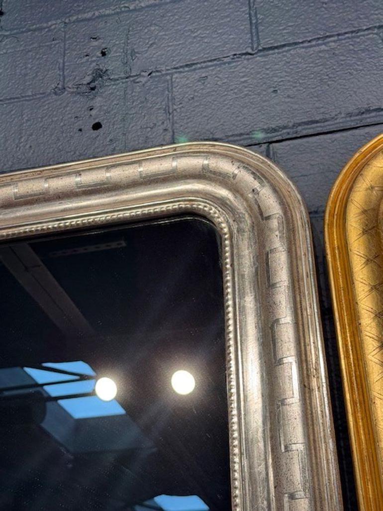 Giltwood Pair of Silver Louis Philippe Mirrors with Geometric Pattern For Sale