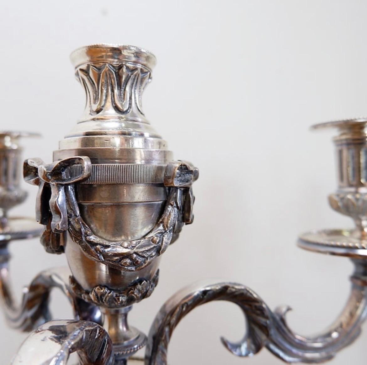 Baroque Pair of silver metal Candlesticks 3 branches / 4 fires