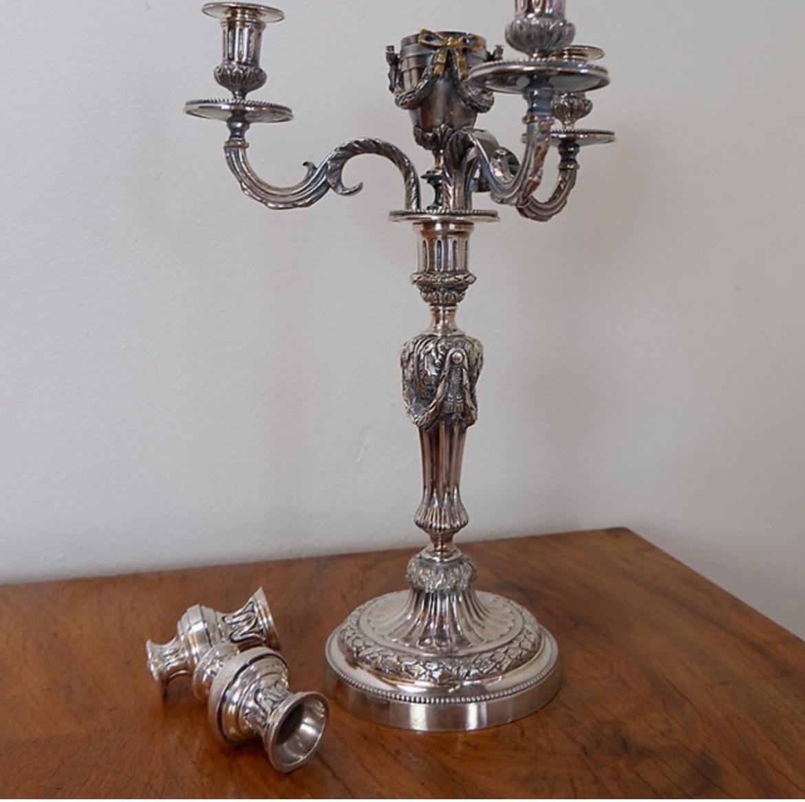 Pair of silver metal Candlesticks 3 branches / 4 fires In Fair Condition In Linkebeek, BE