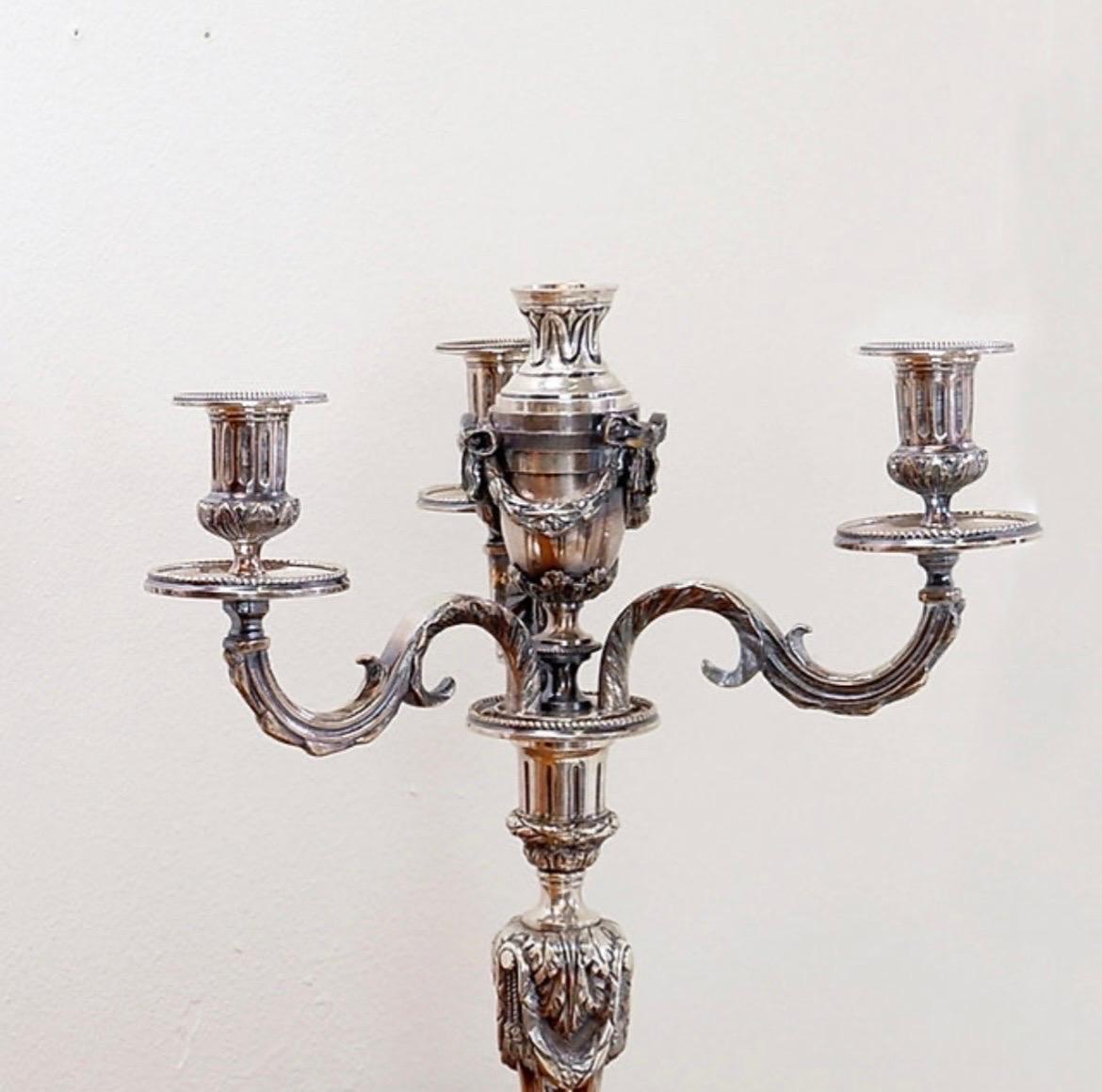Ormolu Pair of silver metal Candlesticks 3 branches / 4 fires