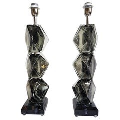 Pair of Silver Mirrored Murano Glass Lamps, Mid-Century Modern, Cenedese Style