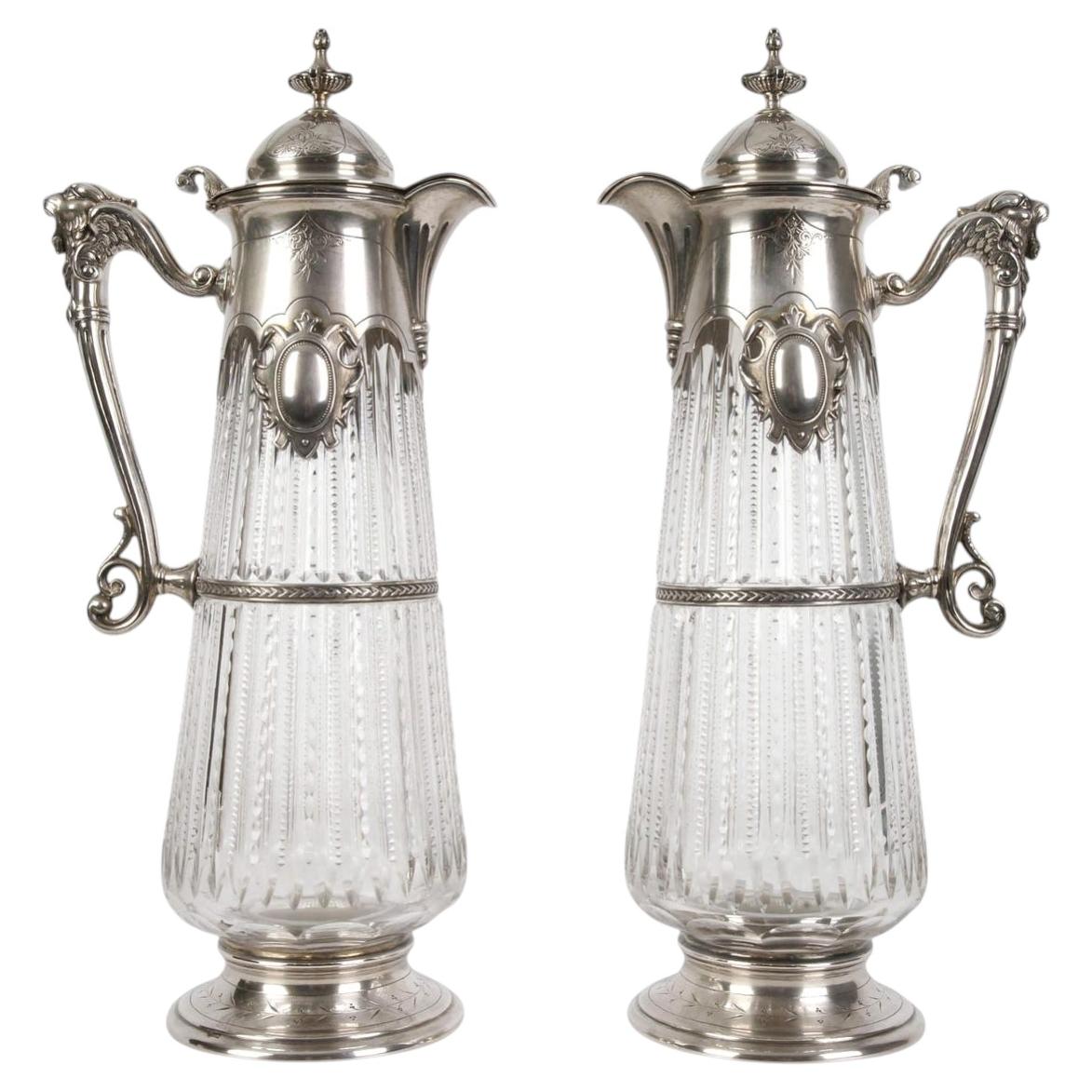 Pair of Silver-Mounted Glass Carafes, Belgium, End of 19th Century For Sale