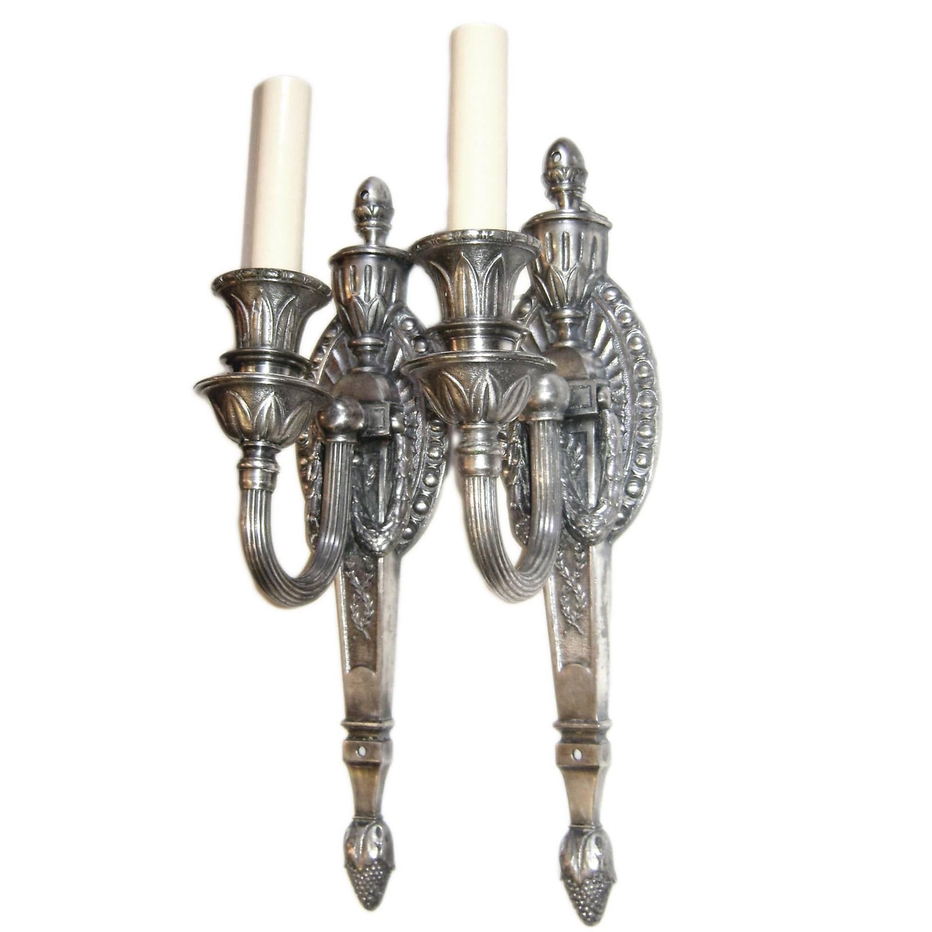 Pair of Silver Neoclassic Style Sconces In Excellent Condition For Sale In New York, NY