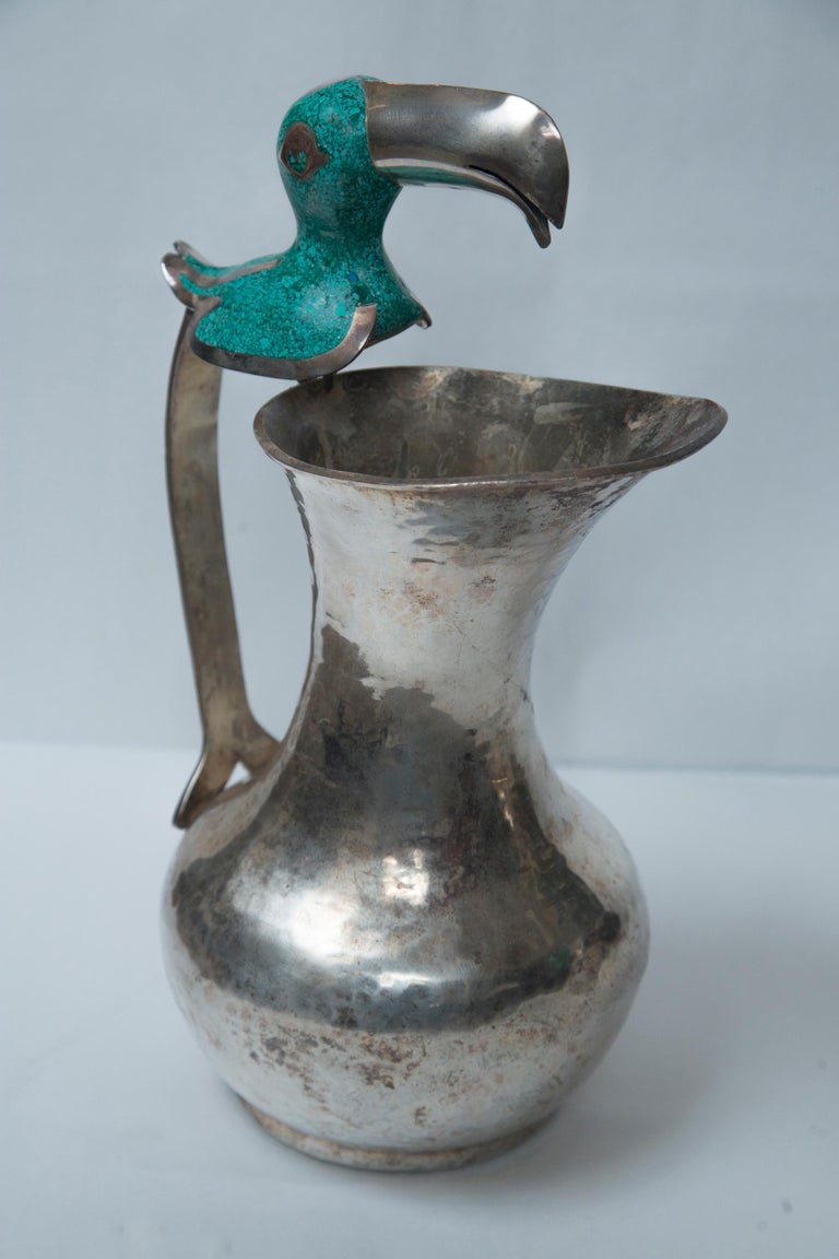 Pair of Silver on Copper Bird Handled Pitchers For Sale at 1stDibs