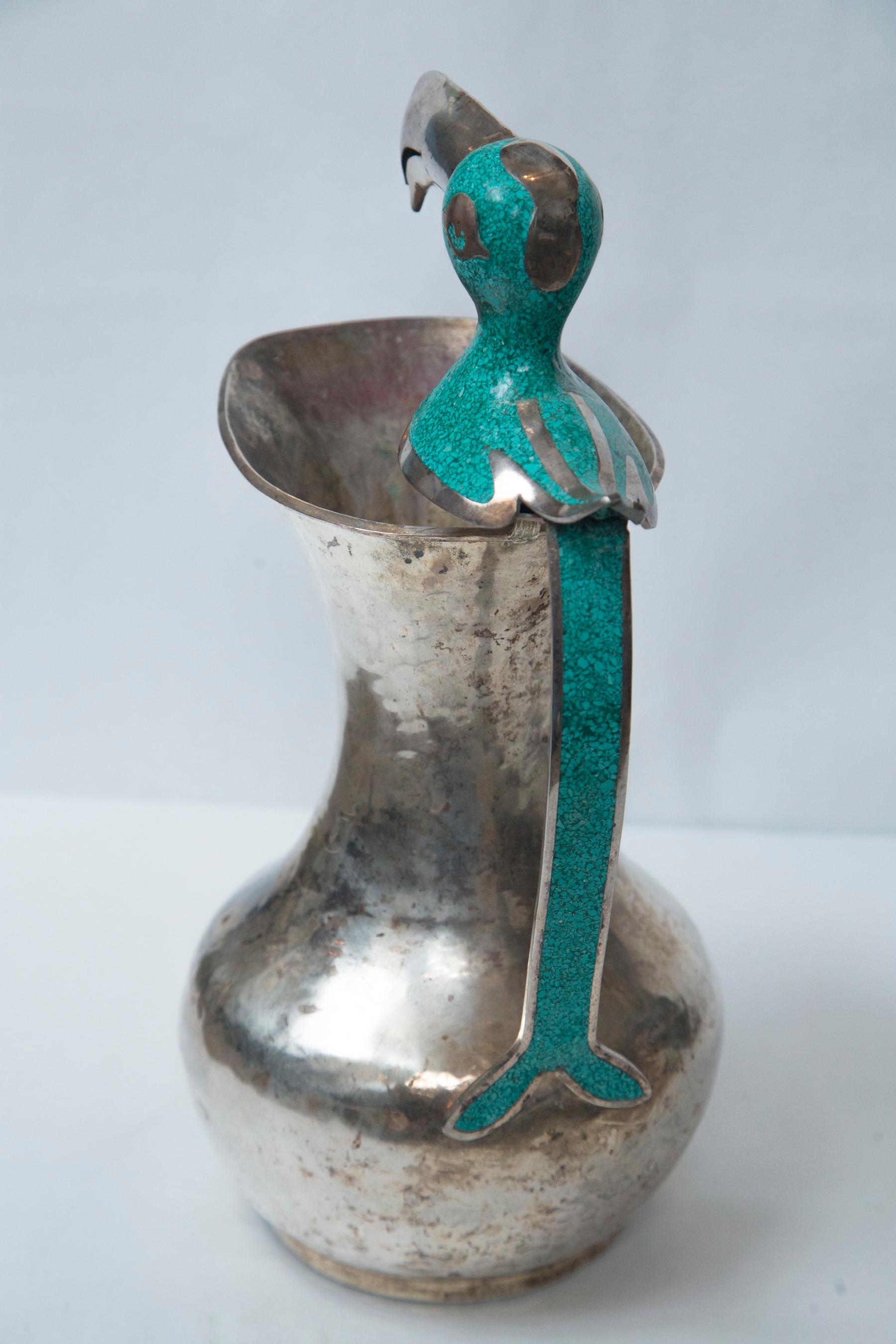 Pair of Silver on Copper Bird Handled Pitchers In Good Condition For Sale In Woodbury, CT