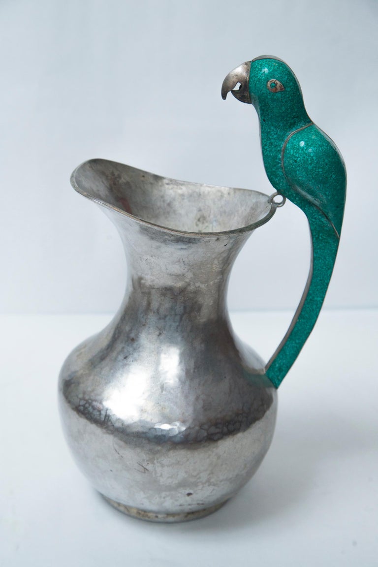 Pair of Silver on Copper Bird Handled Pitchers For Sale at 1stDibs