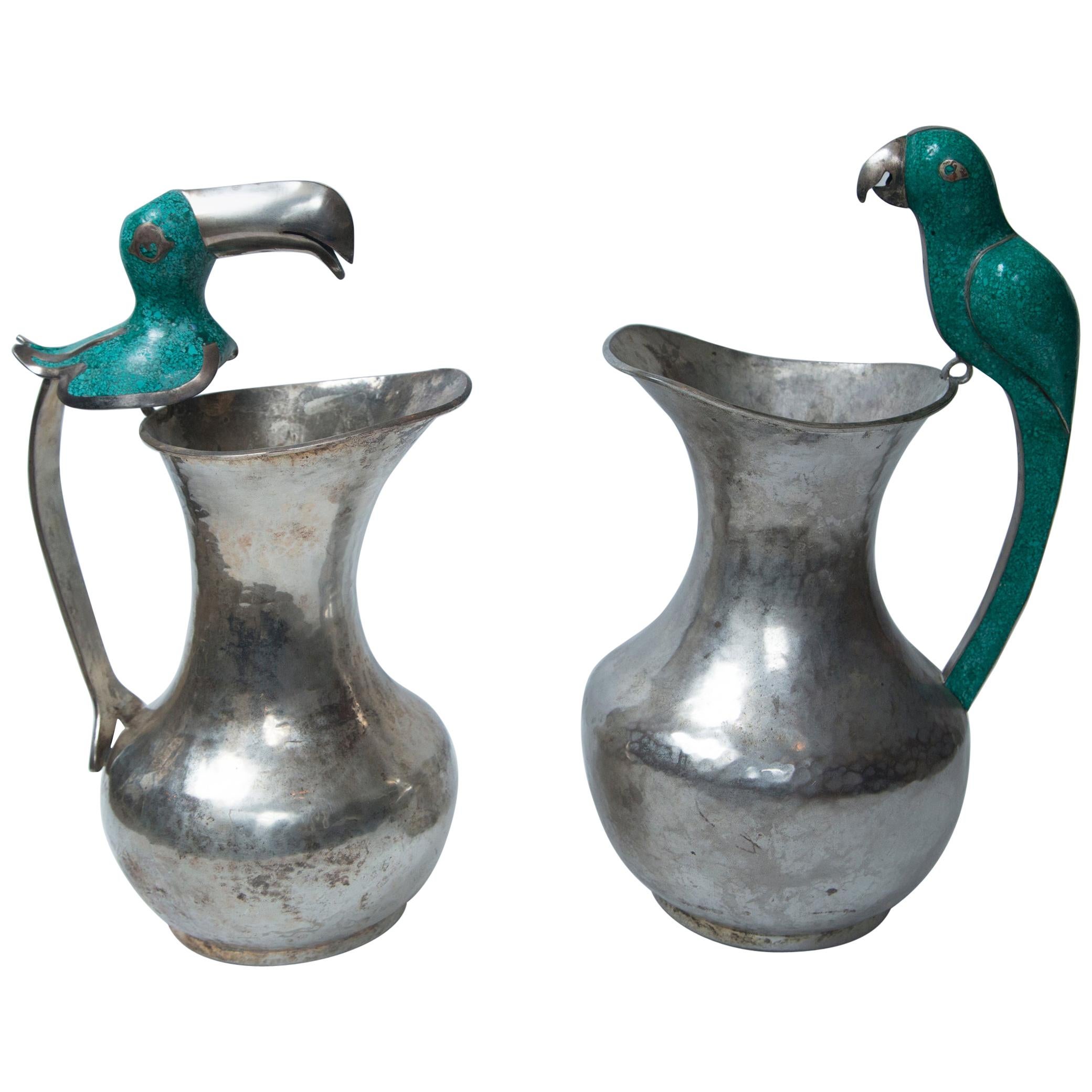 Pair of Silver on Copper Bird Handled Pitchers For Sale