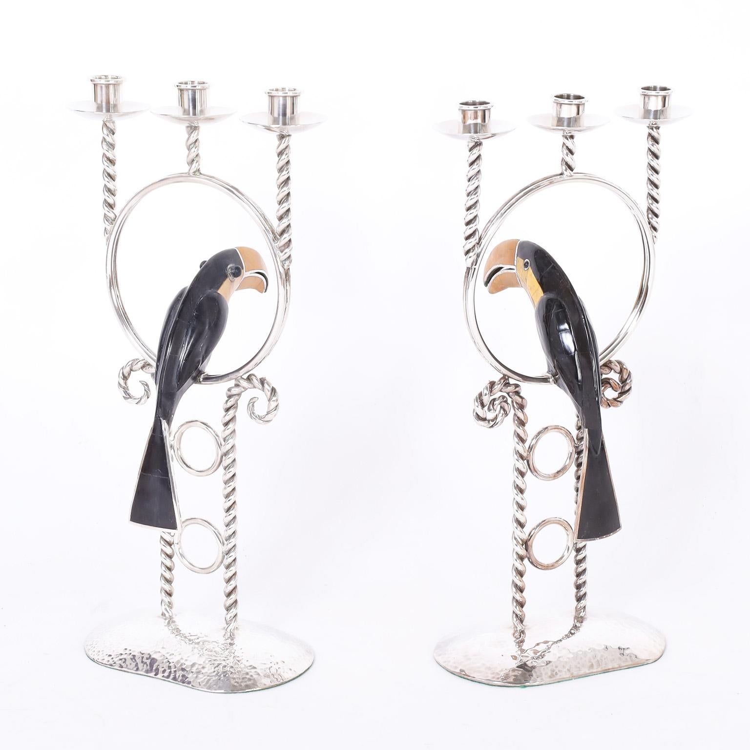 Mid-Century Modern Paire de candlabres en argent sur cuivre avec toucans par Emilia Castillo en vente