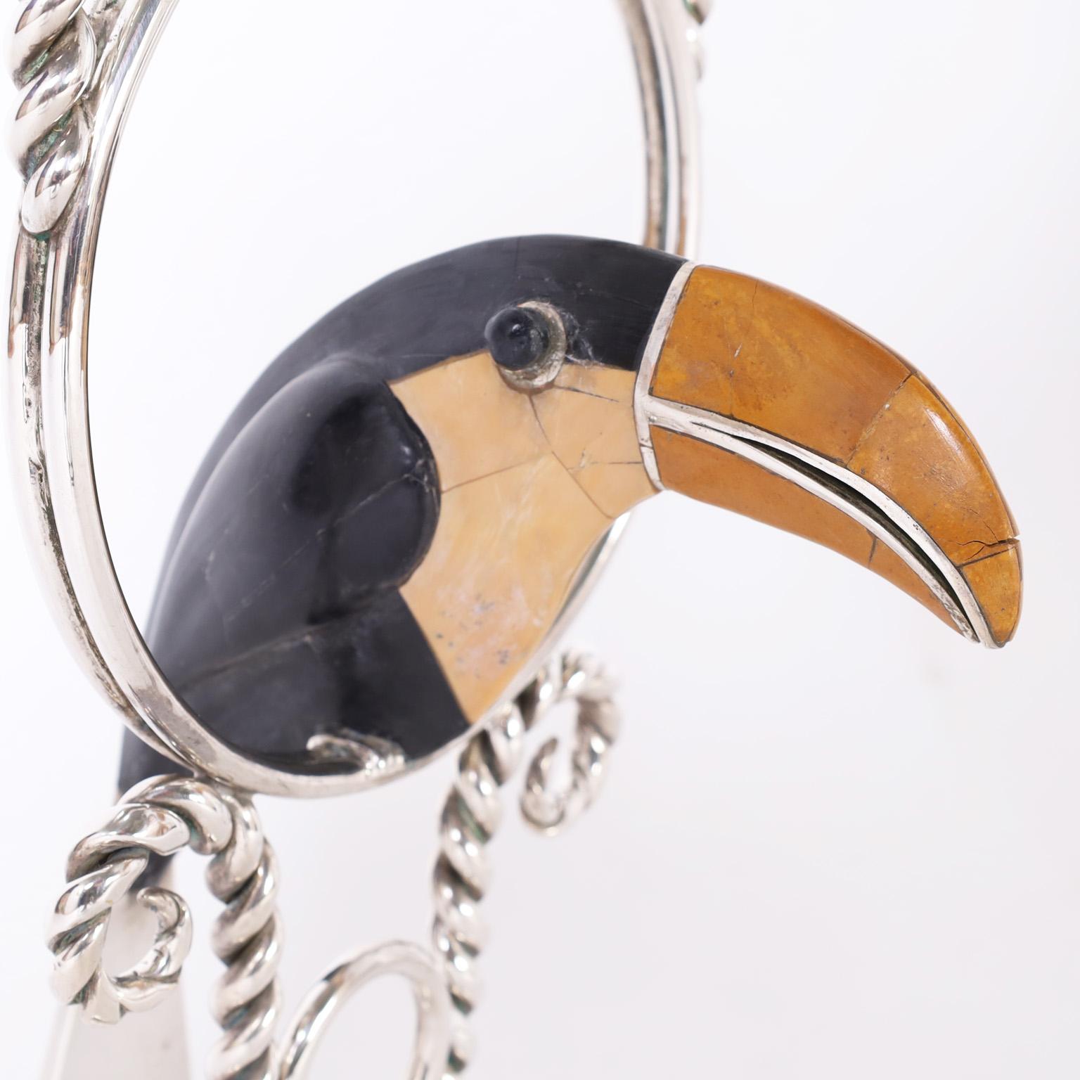 Hand-Crafted Pair of Silver on Copper Candelabras with Toucans by Emilia Castillo For Sale