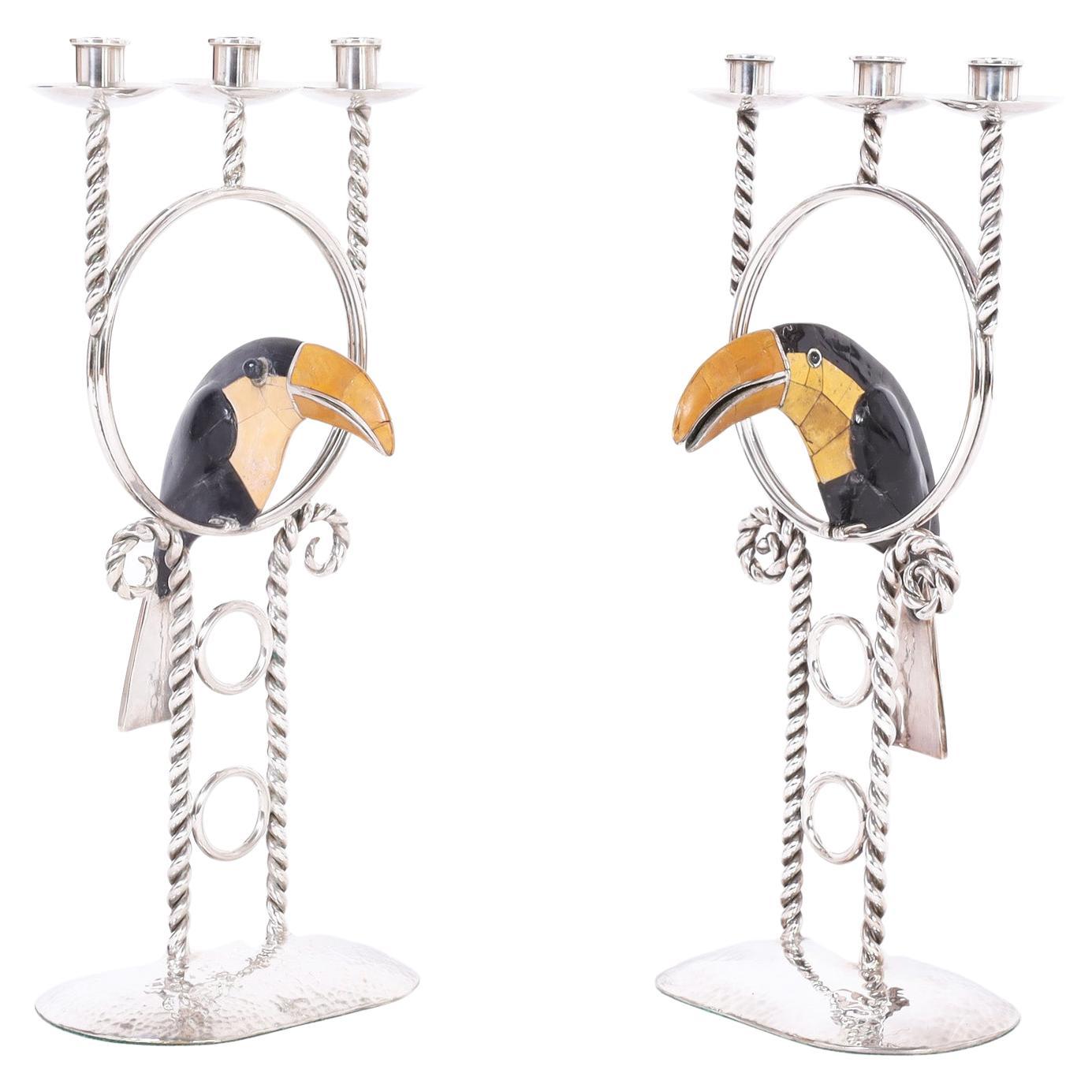 Pair of Silver on Copper Candelabras with Toucans by Emilia Castillo