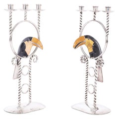 Pair of Silver on Copper Candelabras with Toucans by Emilia Castillo