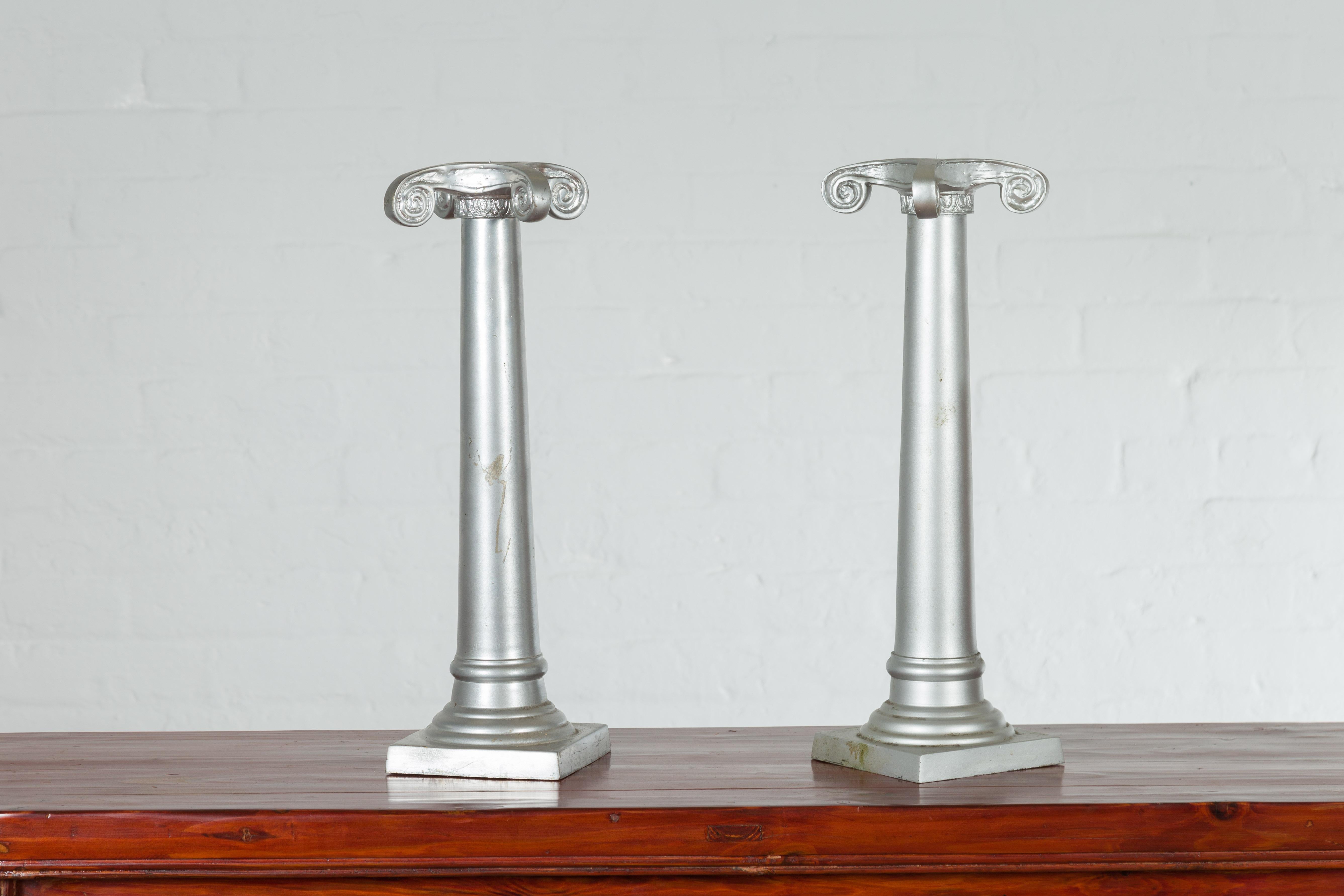 Pair of Silver over Bronze Column Candlesticks with Large Ionic Capitals For Sale 4
