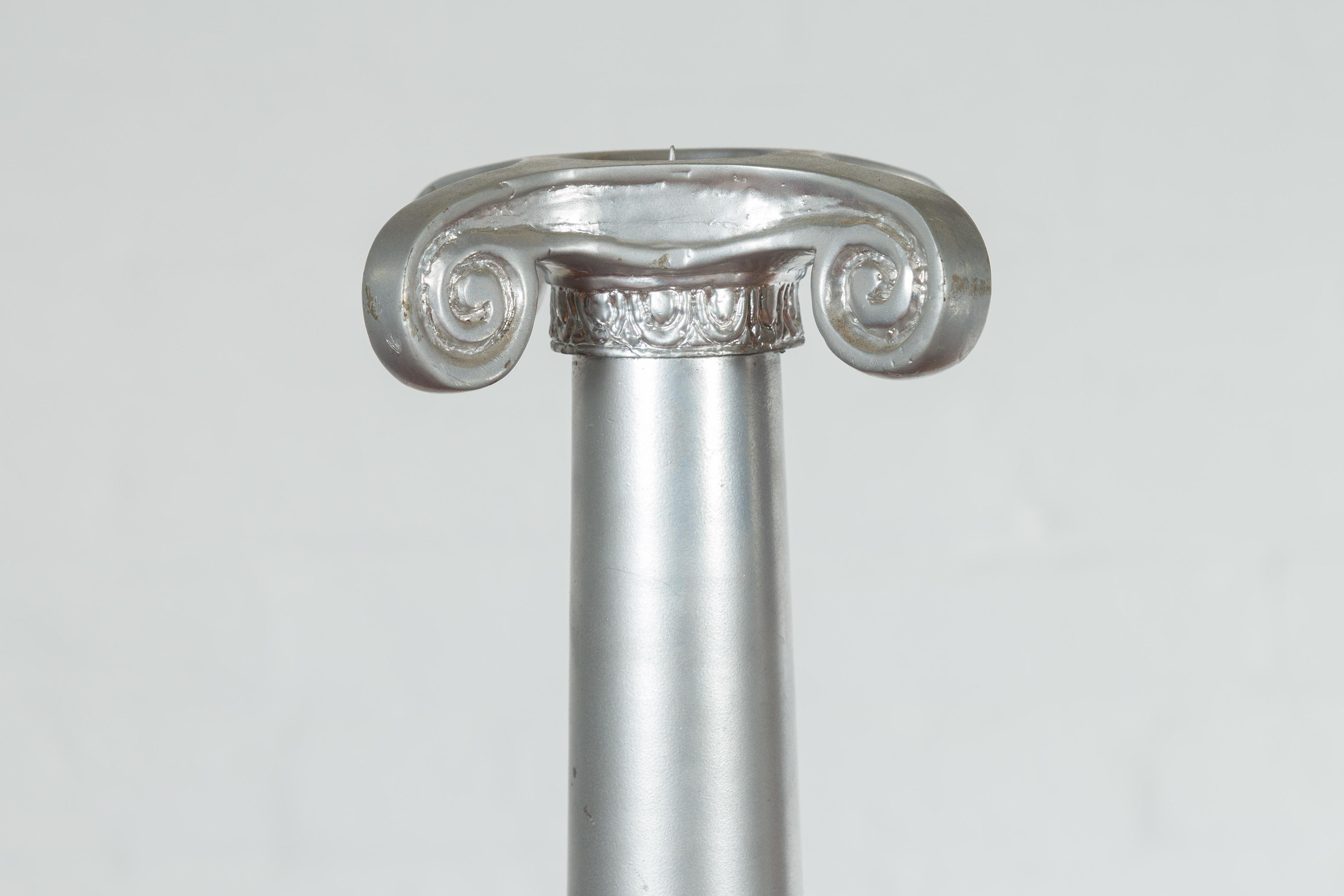 Silvered Pair of Silver over Bronze Column Candlesticks with Large Ionic Capitals For Sale