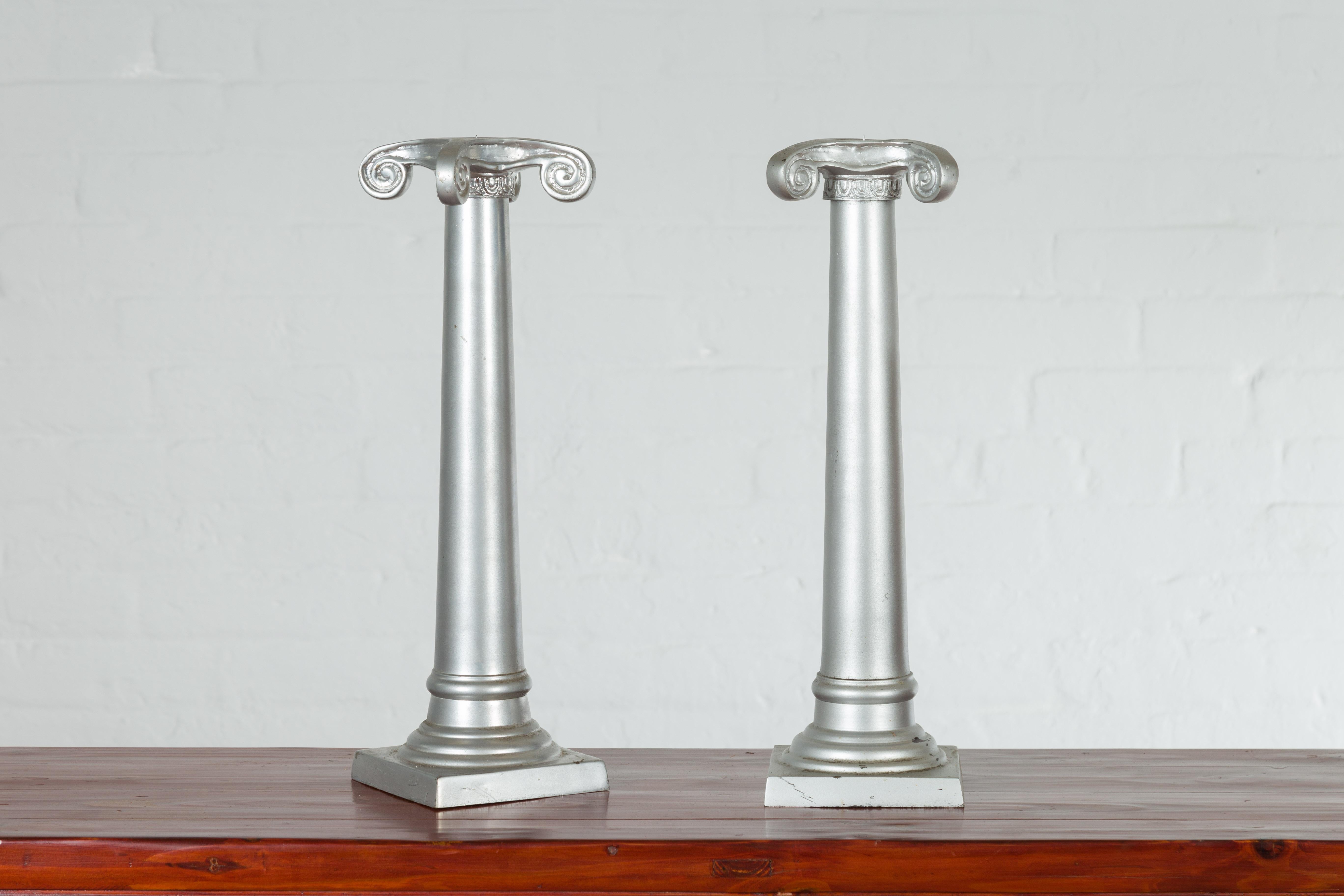 Pair of Silver over Bronze Column Candlesticks with Large Ionic Capitals For Sale 2