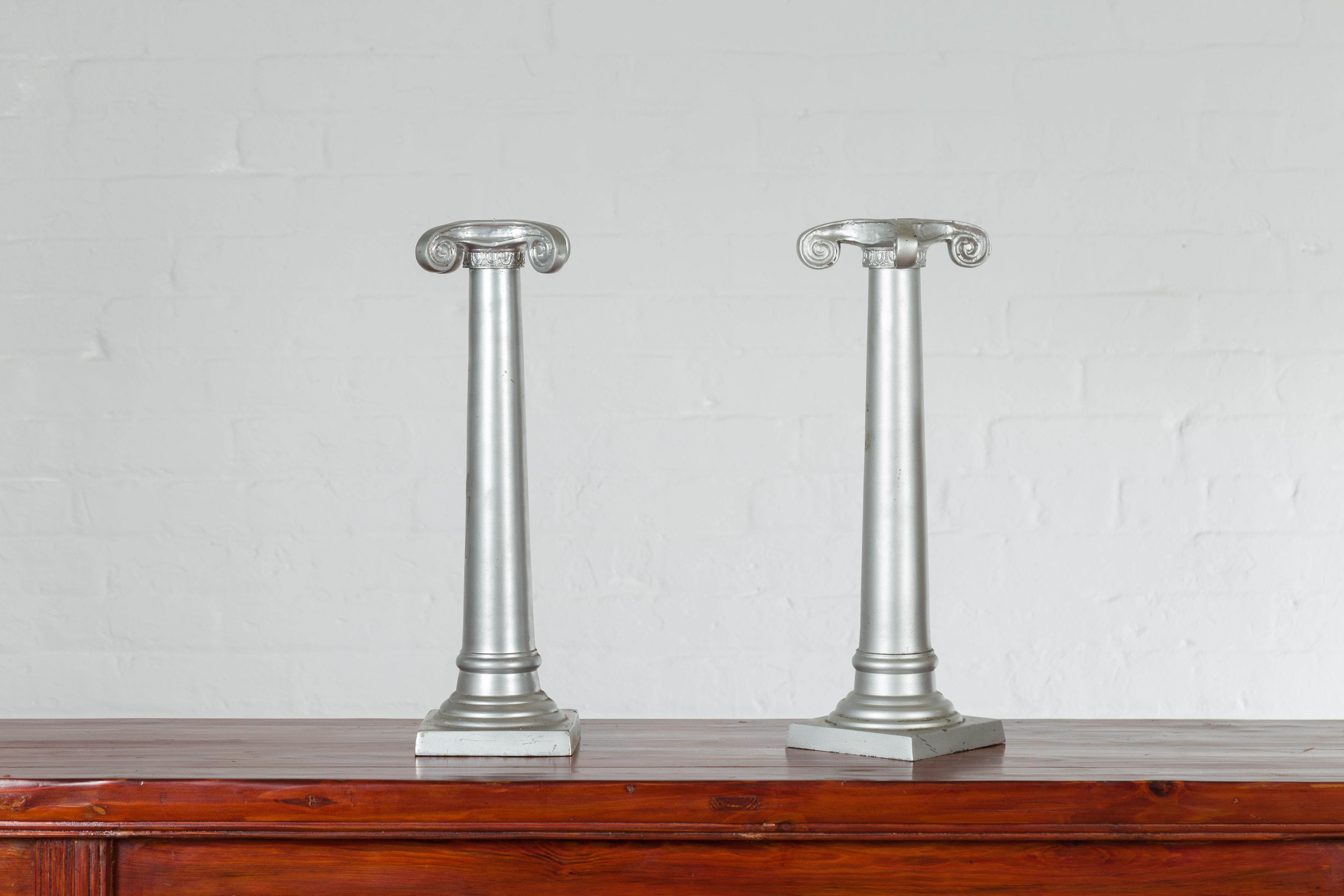 Pair of Silver over Bronze Column Candlesticks with Large Ionic Capitals For Sale 3