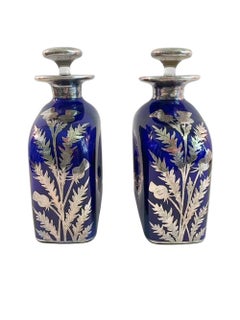 Pair of Silver Overlay Cobalt Decanters with Sailing Ships and Thistles