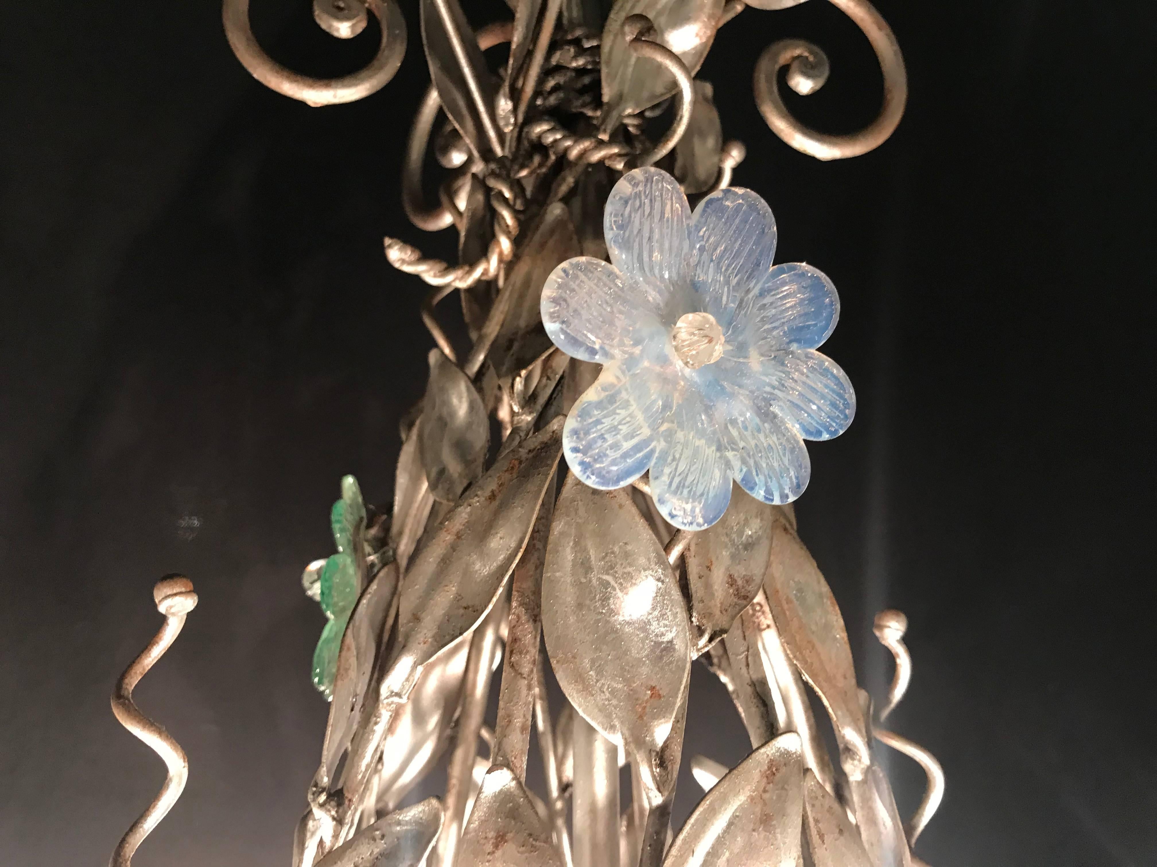 Pair of Silver Overlay Metal Chandeliers with Glass Murano Flowers Six Lights 1