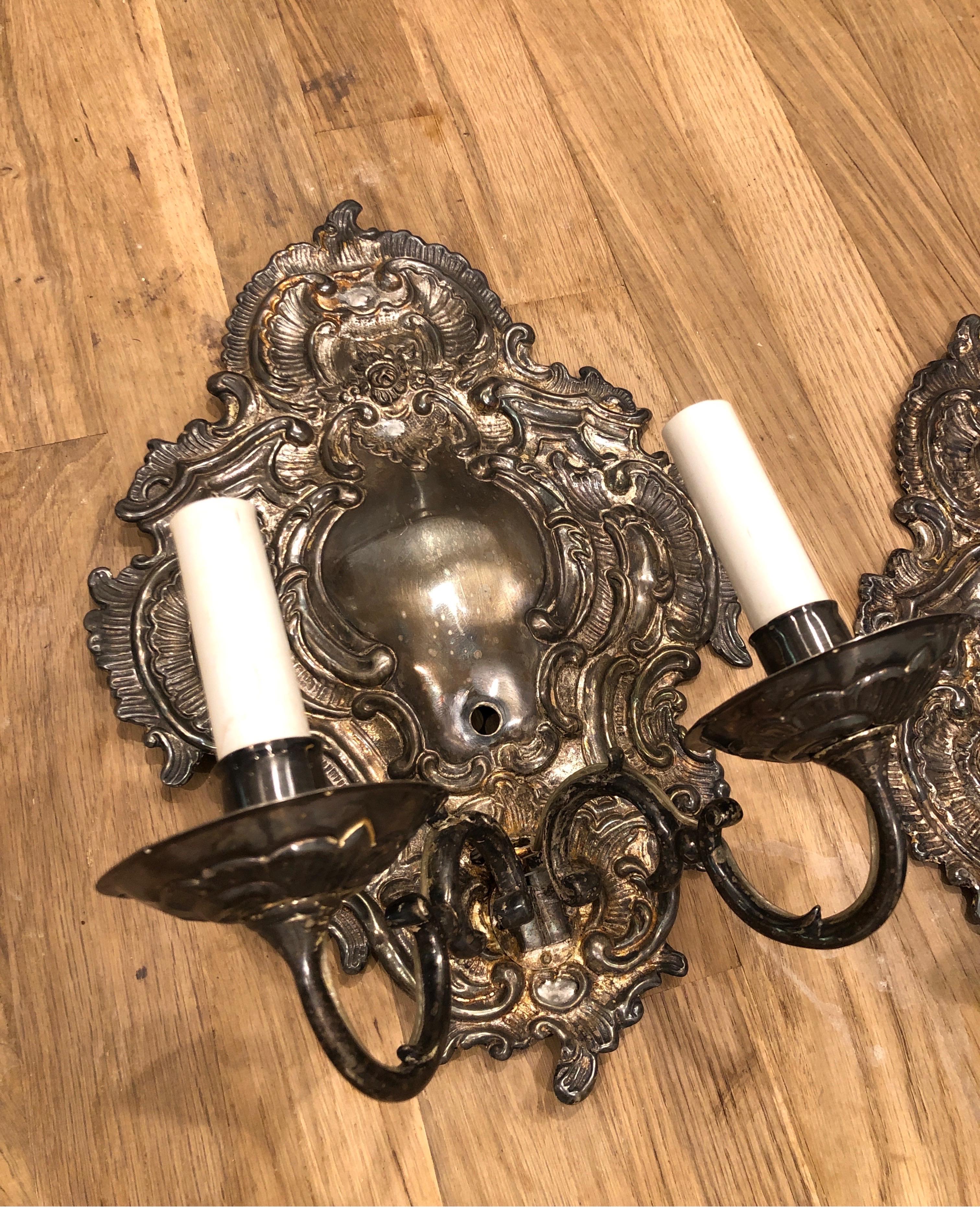 North American Pair of Silver Paul Ferrante Wall Sconces, Double Arm George II Style