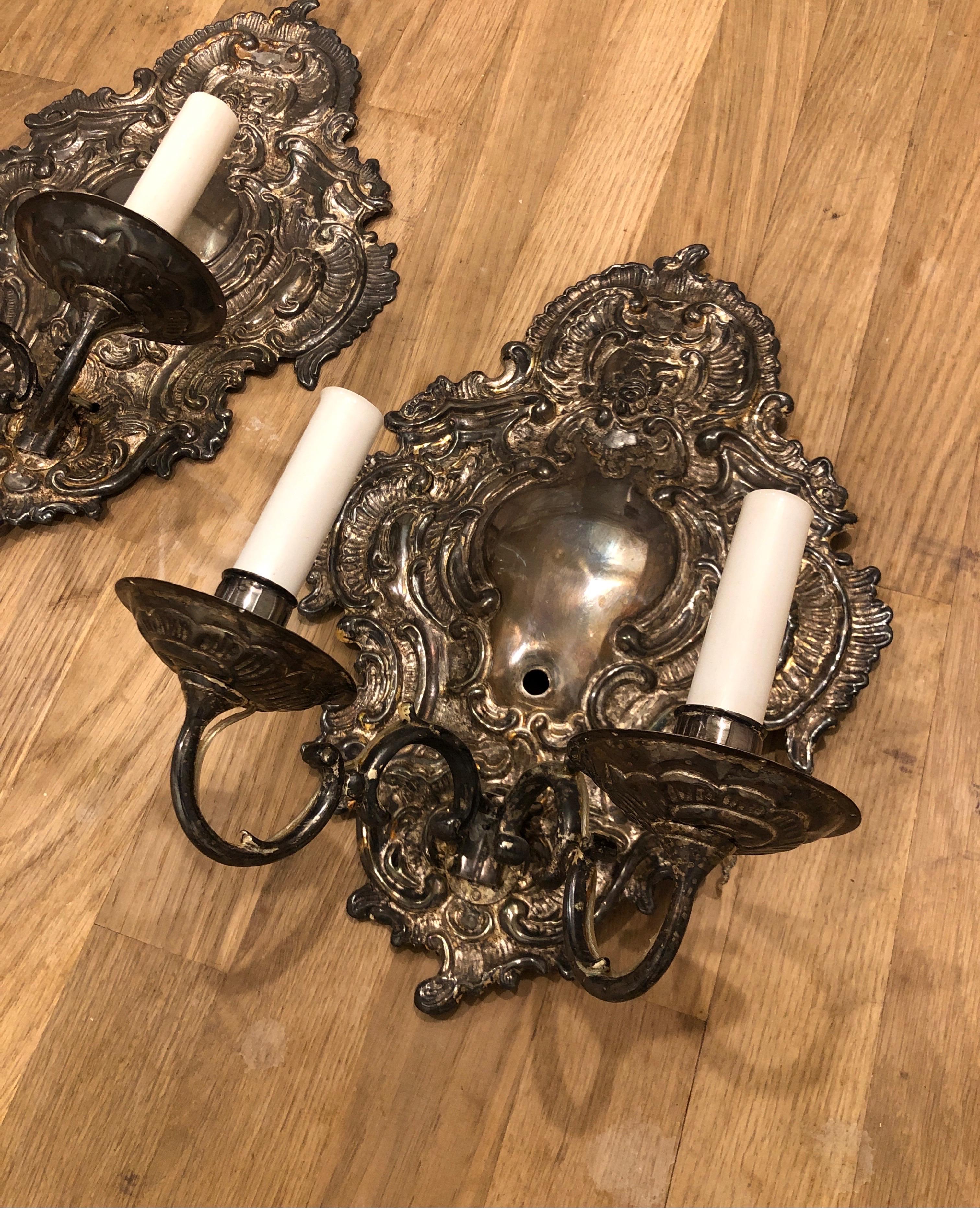 Pair of Silver Paul Ferrante Wall Sconces, Double Arm George II Style In Good Condition In Los Angeles, CA