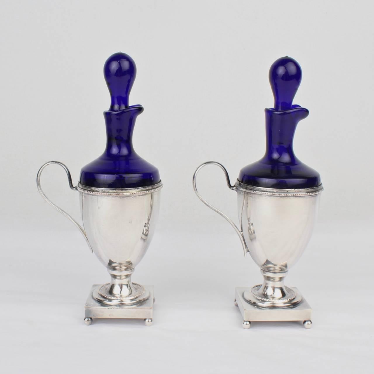 Neoclassical Pair of Silver Plate & Cobalt Blue Glass Oil & Vinegar Cruets by Israel Freeman