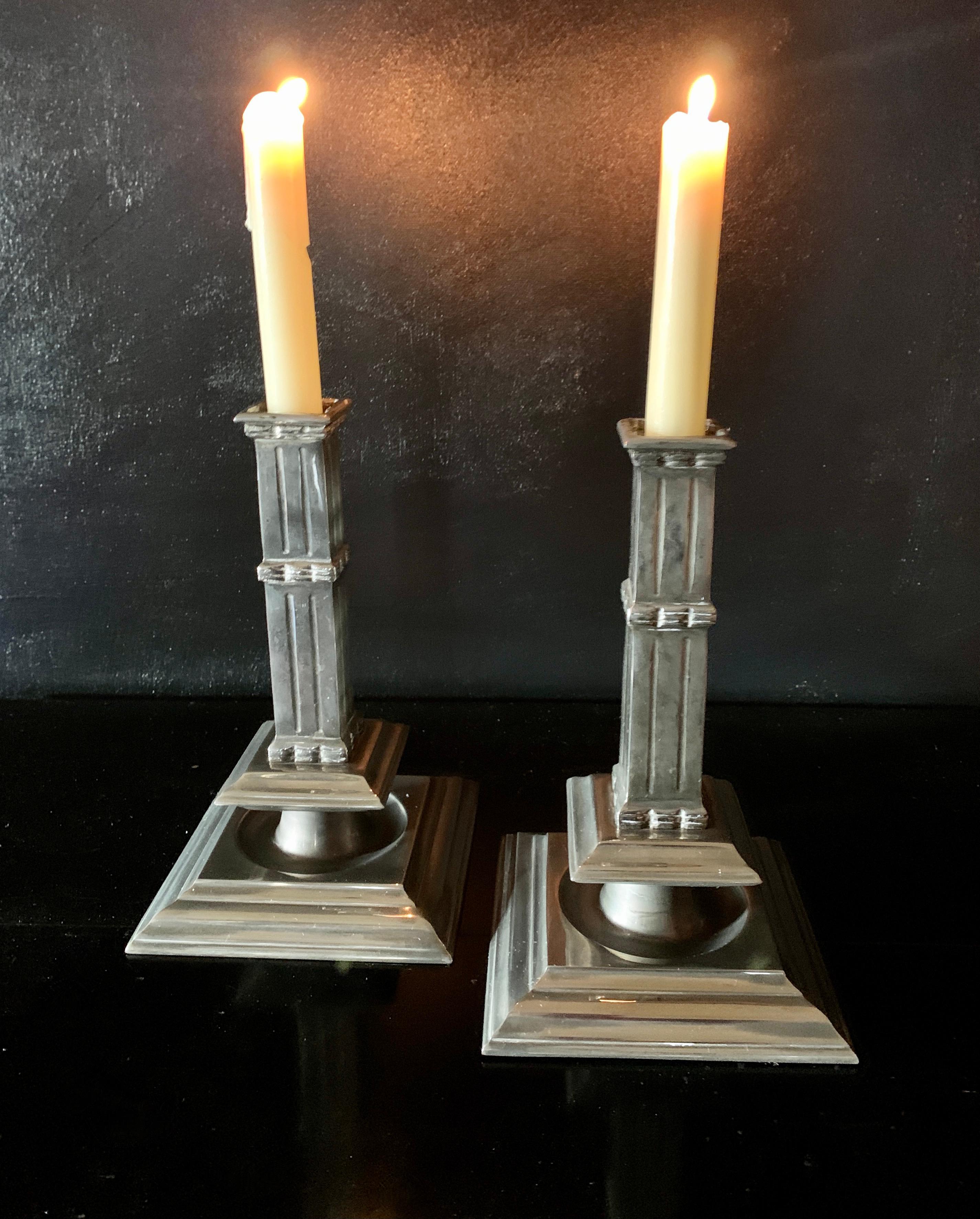 Polished Pair of Silver Plate Art Deco Column Candlesticks For Sale