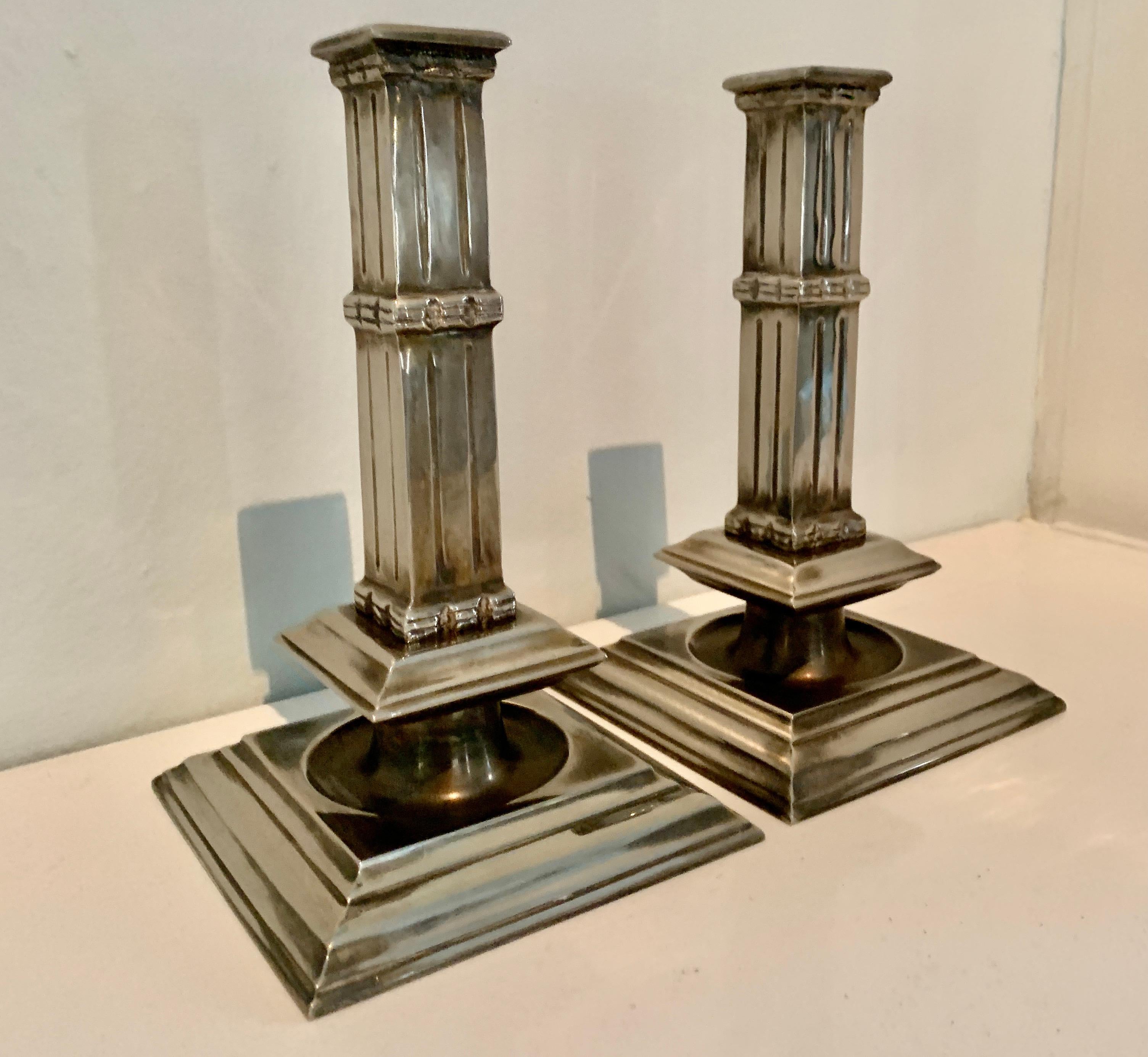 Pair of Silver Plate Art Deco Column Candlesticks For Sale 2