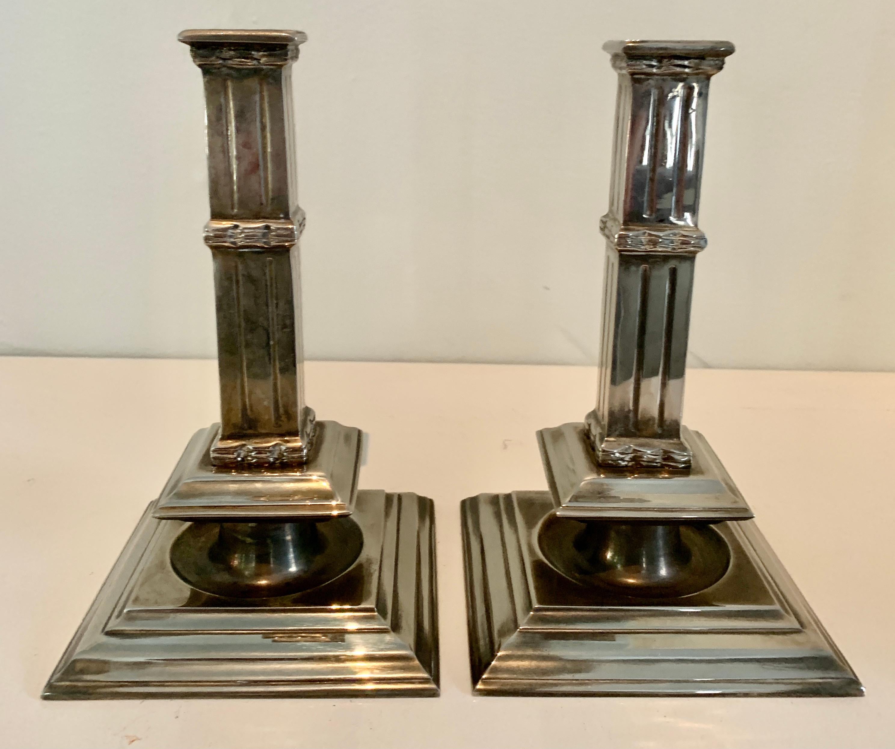 Pair of Silver Plate Art Deco Column Candlesticks For Sale 3