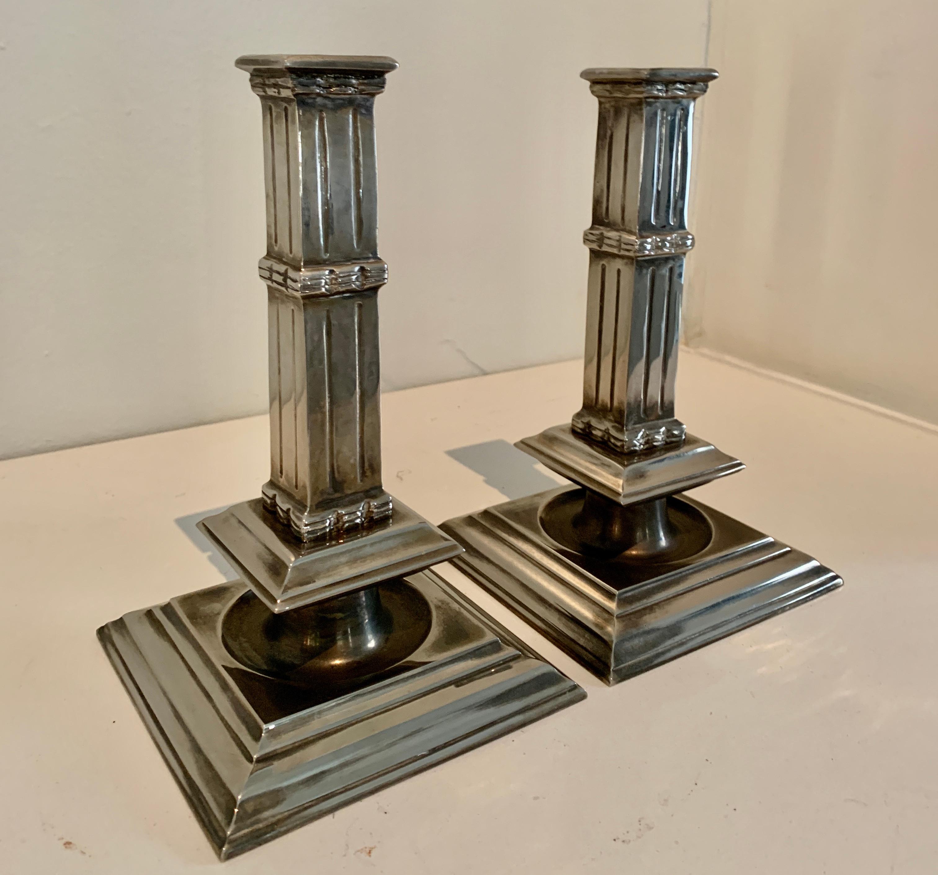 Pair of Silver Plate Art Deco Column Candlesticks For Sale 4