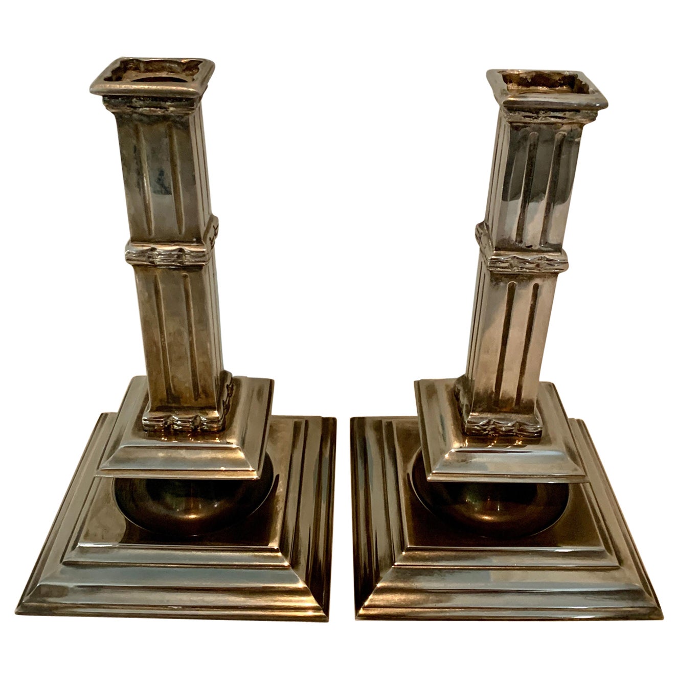 Pair of Silver Plate Art Deco Column Candlesticks
