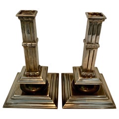 Pair of Silver Plate Art Deco Column Candlesticks