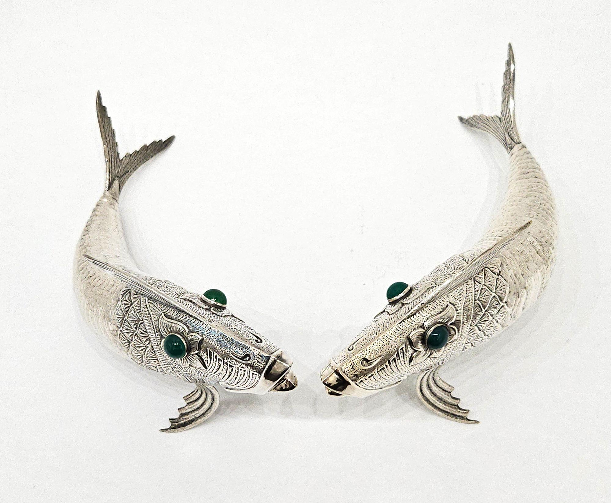 Pair of Silver Plate Articulated Fish with Green Glass Eyes, Spain c. 1930 For Sale 5