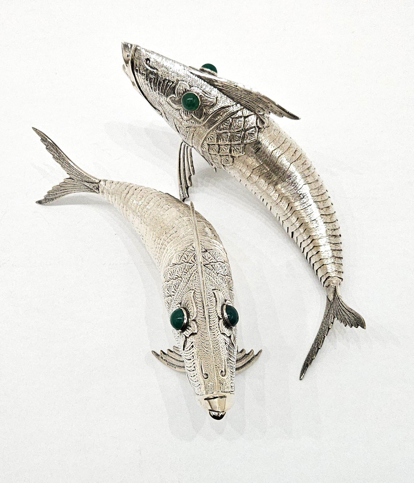 Pair of Silver Plate Articulated Fish with Green Glass Eyes, Spain c. 1930 For Sale 6