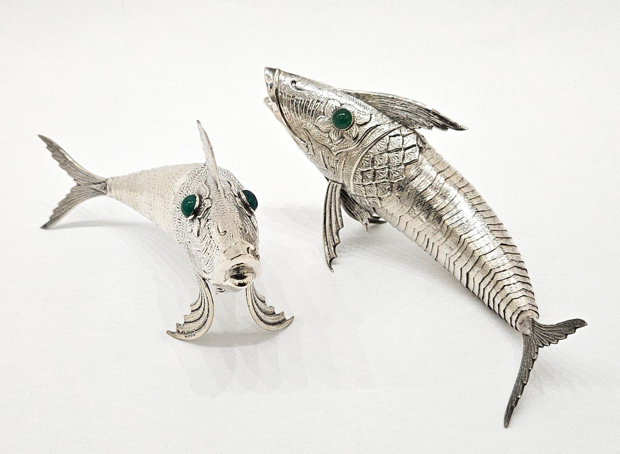 Pair of Silver Plate Articulated Fish with Green Glass Eyes, Spain c. 1930 For Sale 7