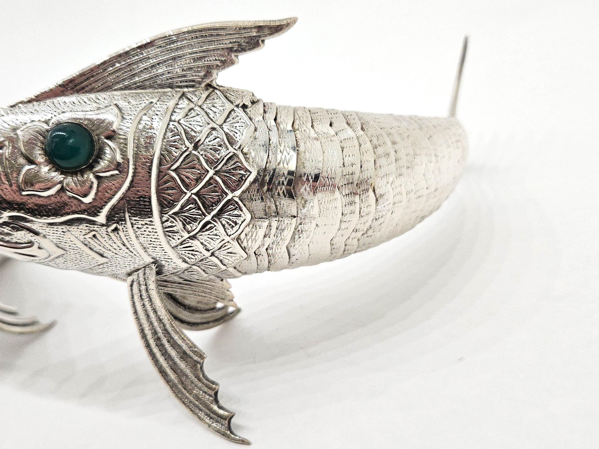 Pair of Silver Plate Articulated Fish with Green Glass Eyes, Spain c. 1930 For Sale 9