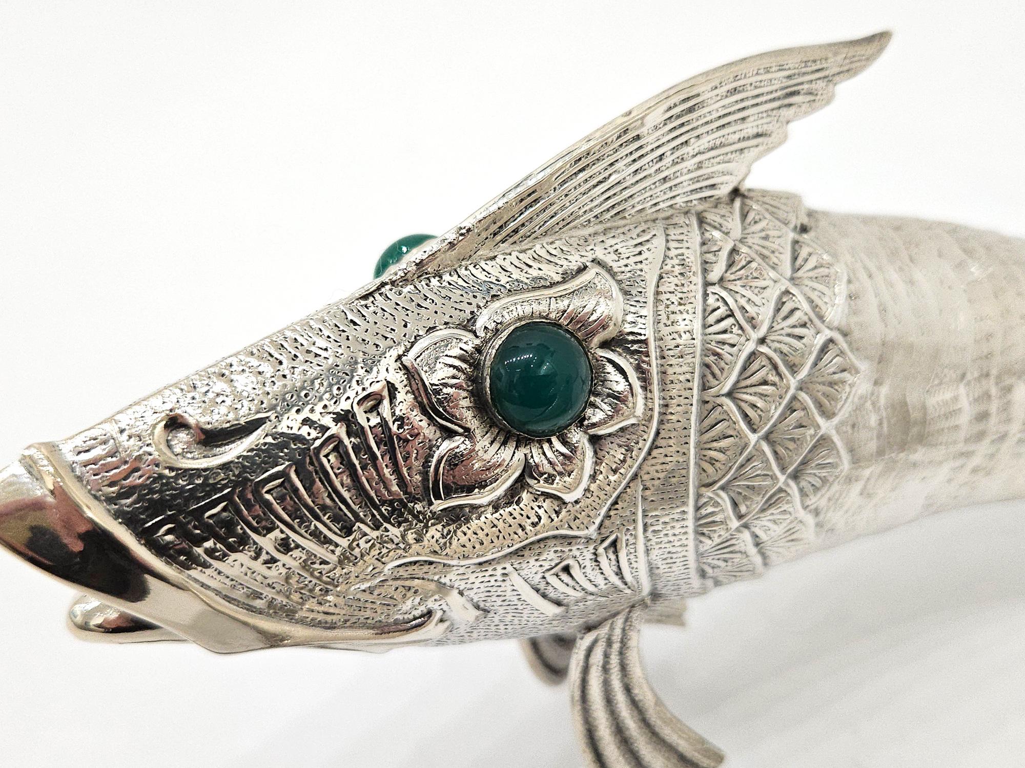 Mid-Century Modern Pair of Silver Plate Articulated Fish with Green Glass Eyes, Spain c. 1930 For Sale