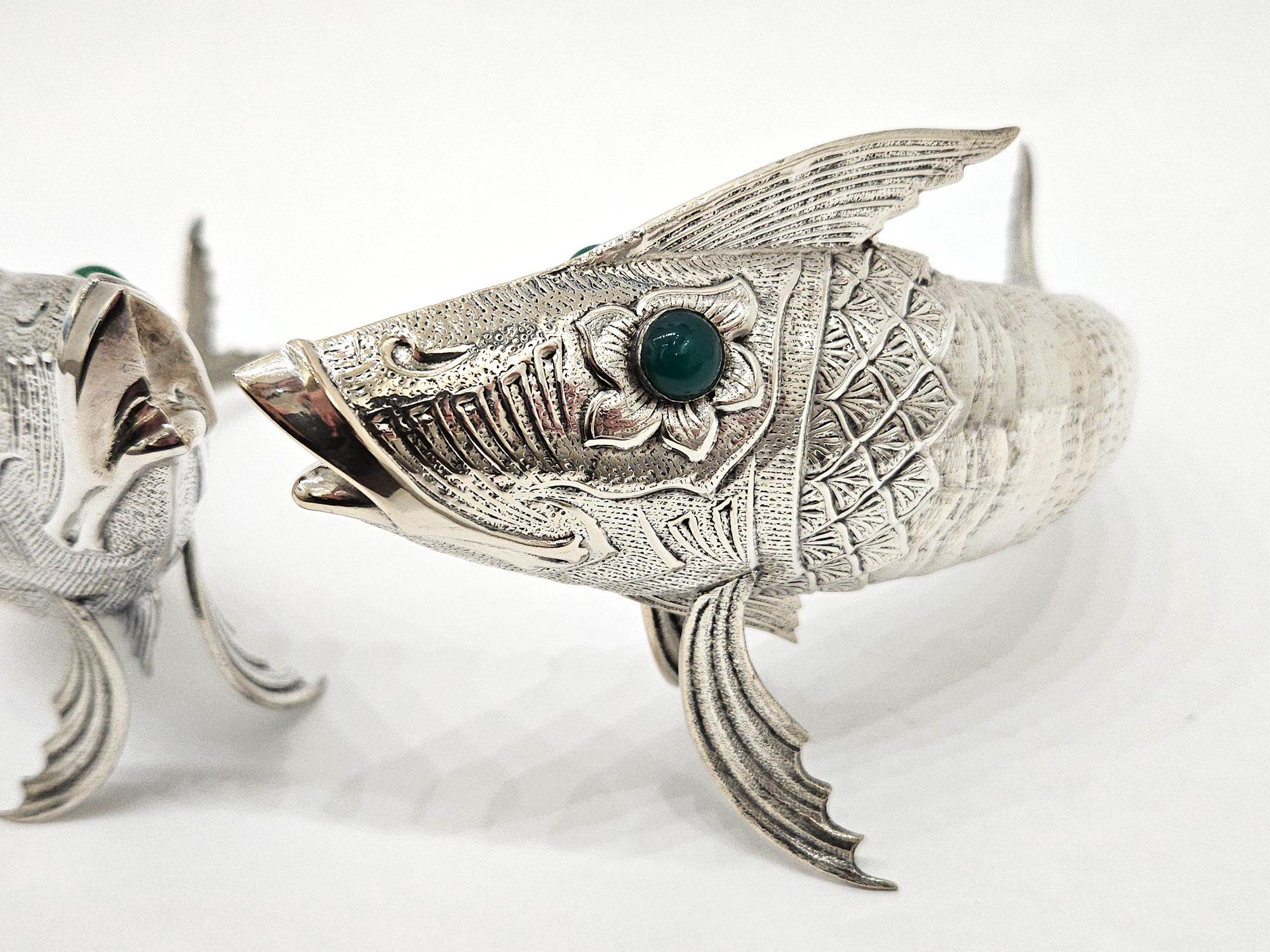 Pair of Silver Plate Articulated Fish with Green Glass Eyes, Spain c. 1930 In Good Condition For Sale In London, GB