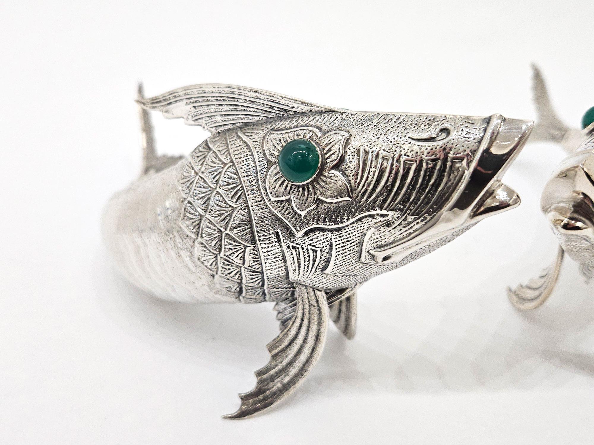 20th Century Pair of Silver Plate Articulated Fish with Green Glass Eyes, Spain c. 1930 For Sale