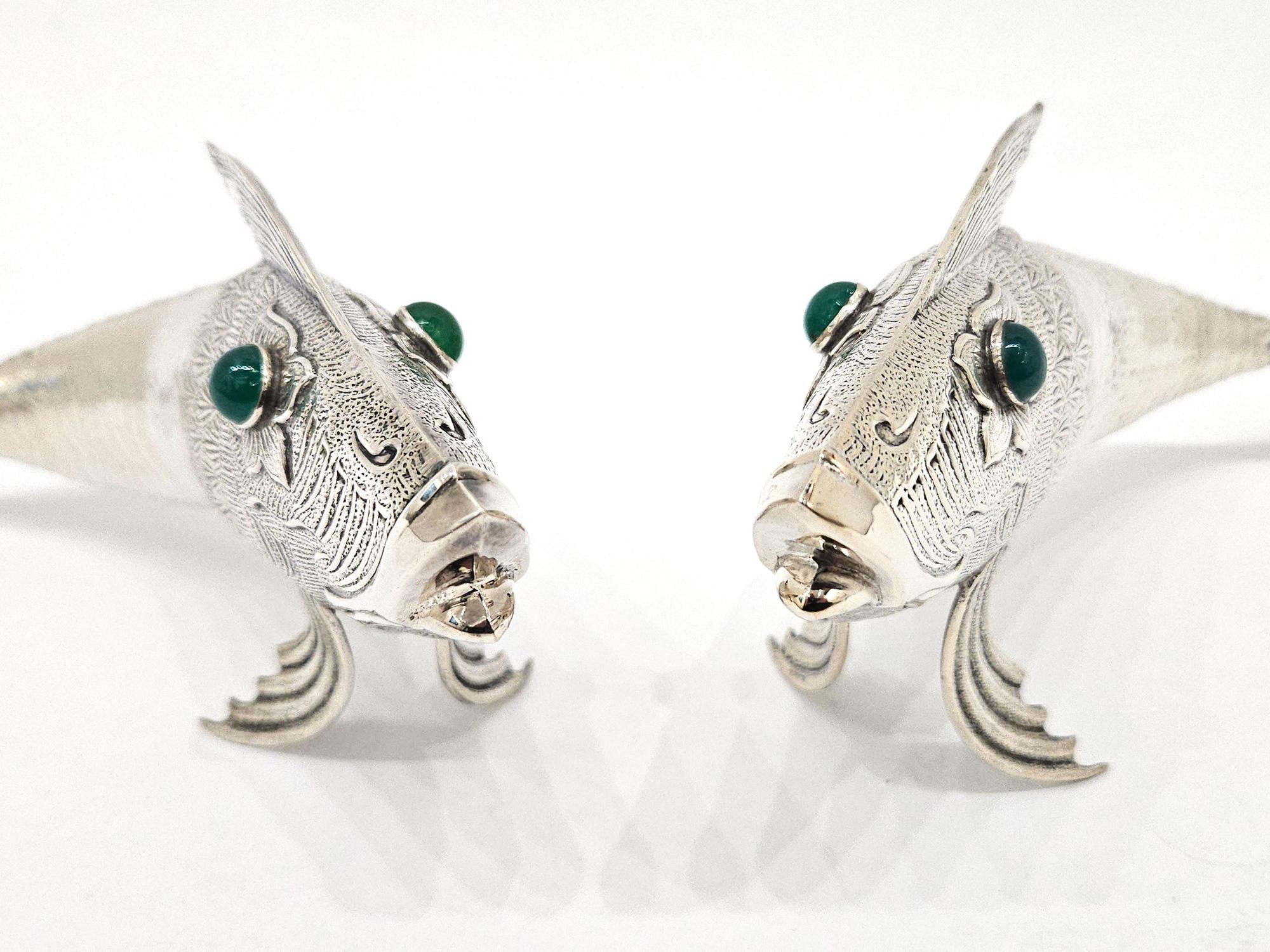 Pair of Silver Plate Articulated Fish with Green Glass Eyes, Spain c. 1930 For Sale 1