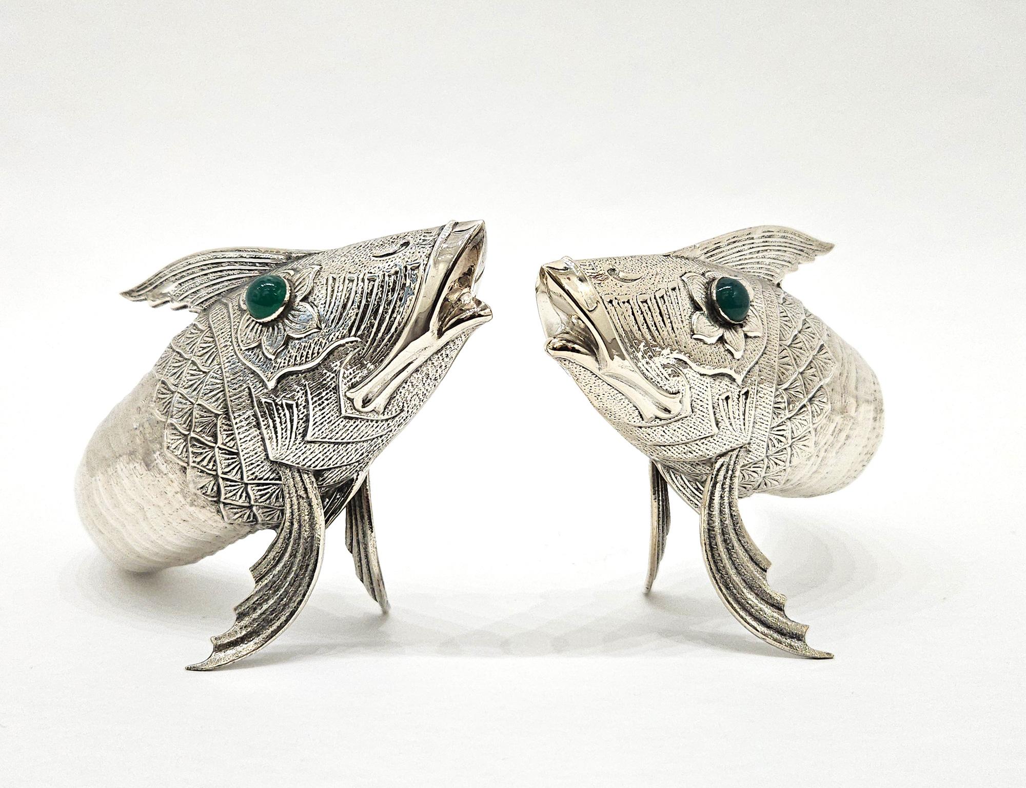 Pair of Silver Plate Articulated Fish with Green Glass Eyes, Spain c. 1930 For Sale 2