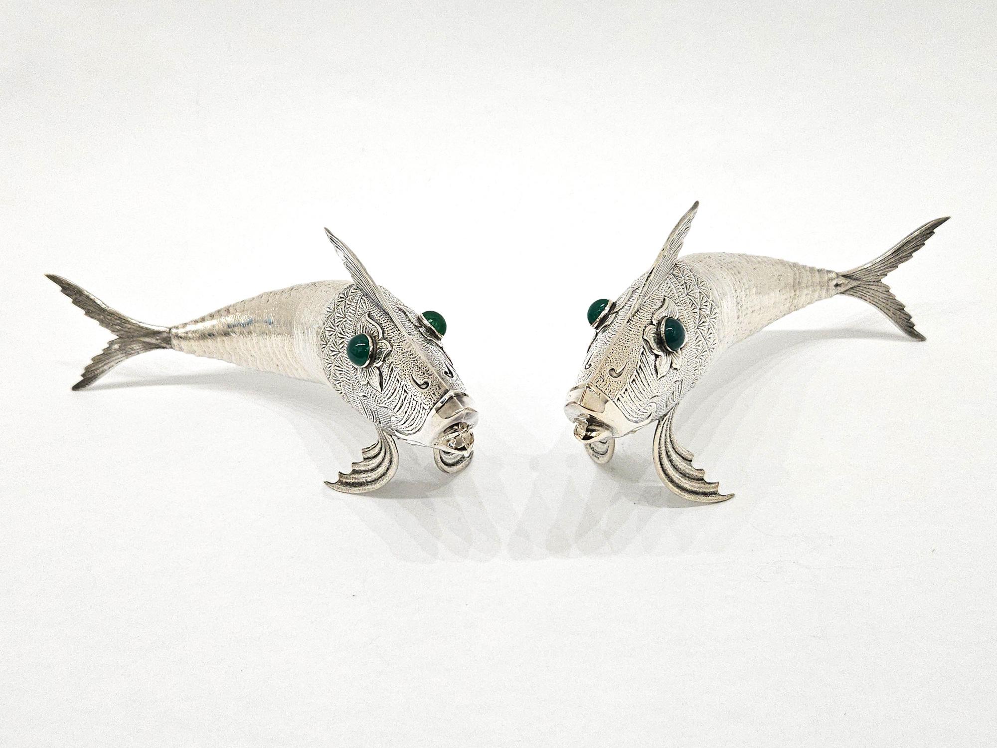 Pair of Silver Plate Articulated Fish with Green Glass Eyes, Spain c. 1930 For Sale 3