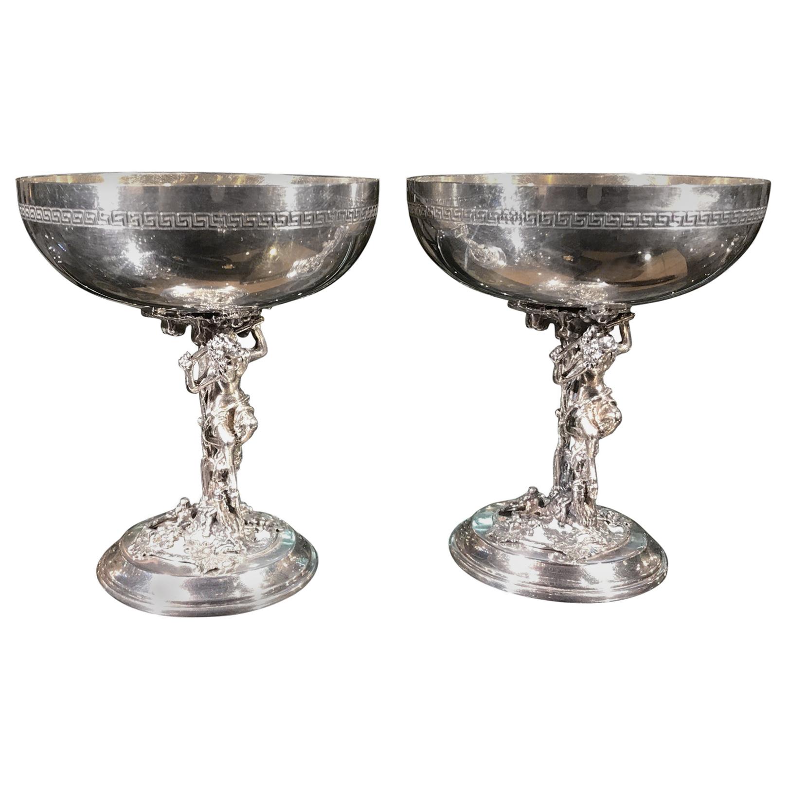 Pair of Silver Plate Bacchanalian Toasting Champagne Coupes