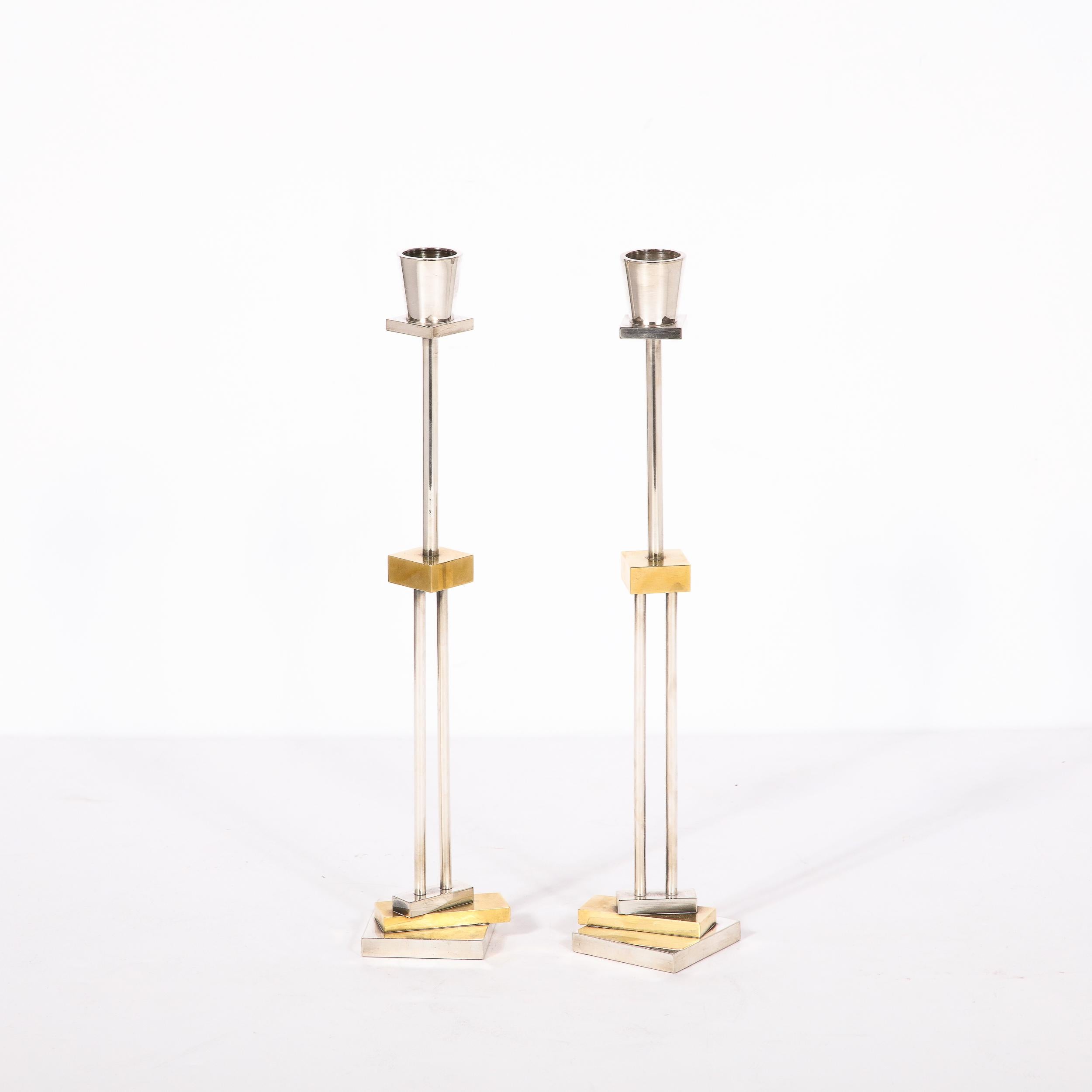 Pair of Silver Plate & Brass Candlesticks by Ettore Sottsass for Swid Powell 4