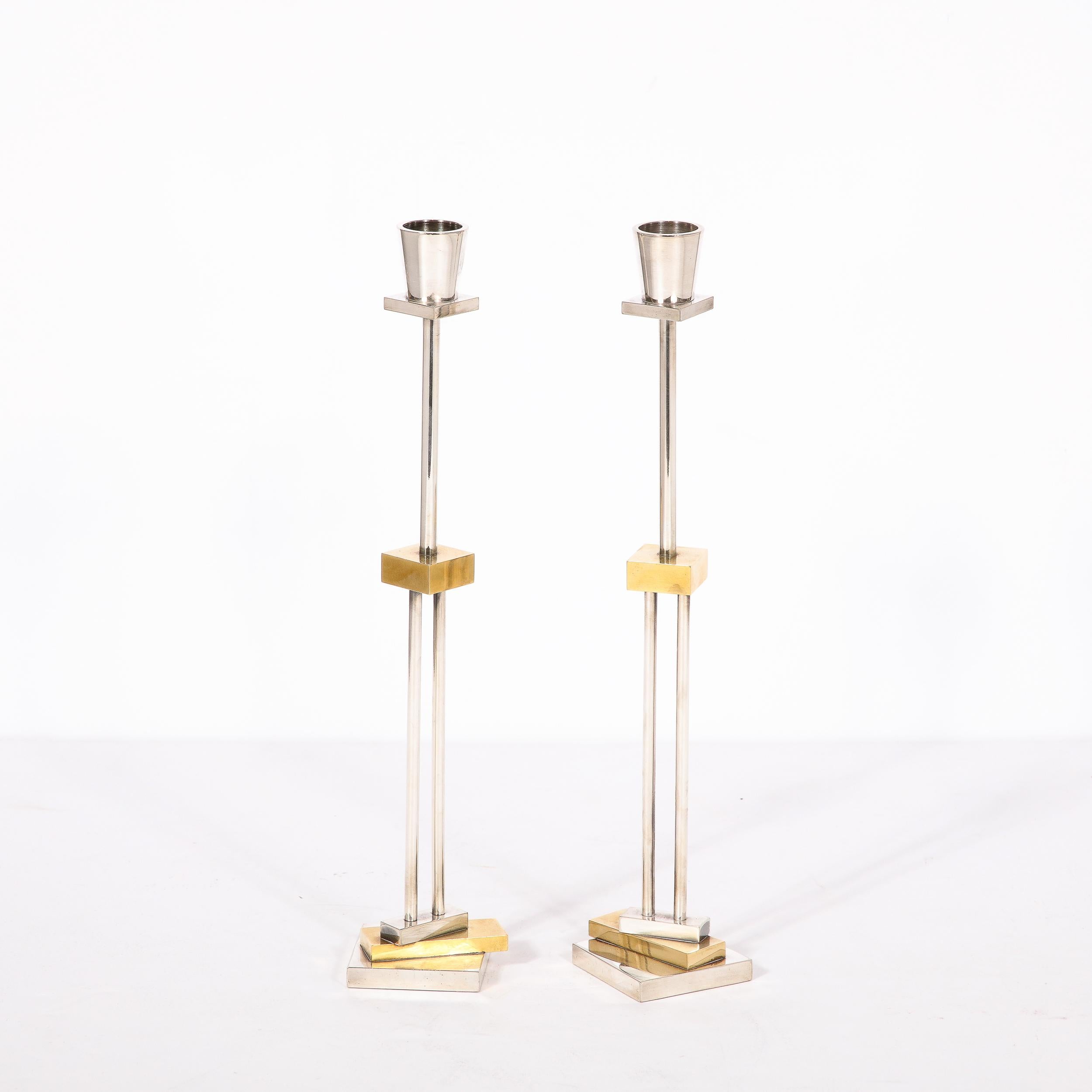 Pair of Silver Plate & Brass Candlesticks by Ettore Sottsass for Swid Powell 5