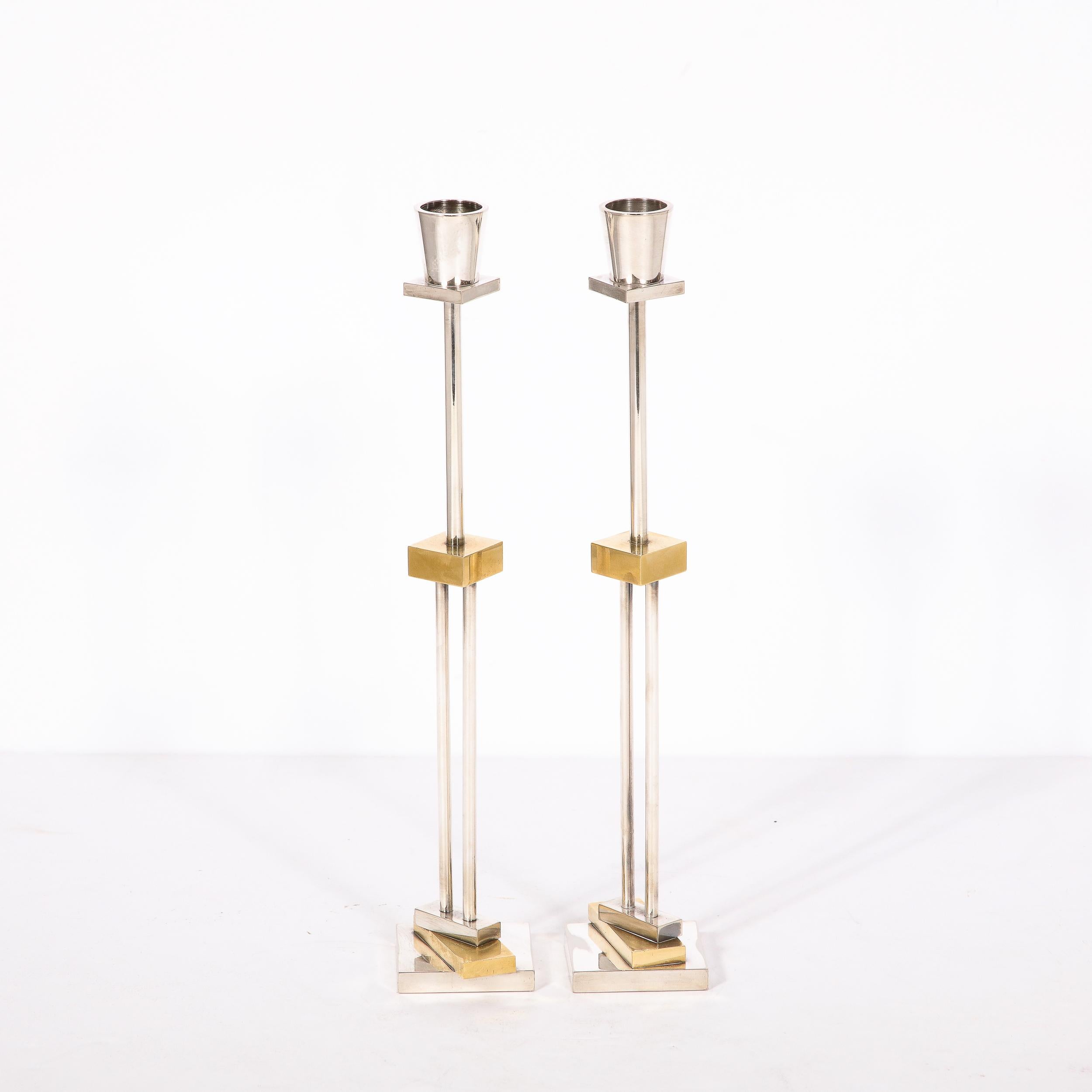 Late 20th Century Pair of Silver Plate & Brass Candlesticks by Ettore Sottsass for Swid Powell