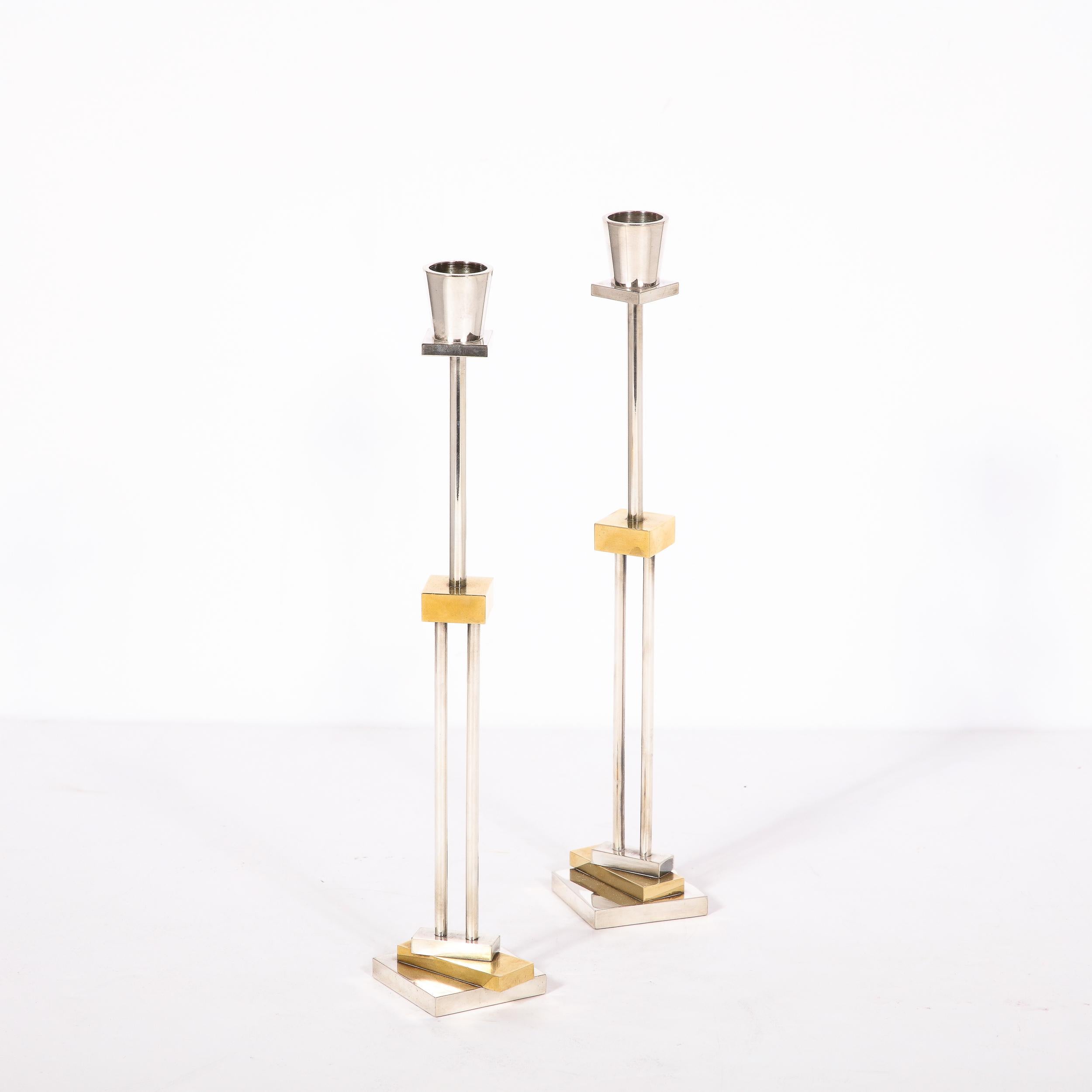 Pair of Silver Plate & Brass Candlesticks by Ettore Sottsass for Swid Powell 1