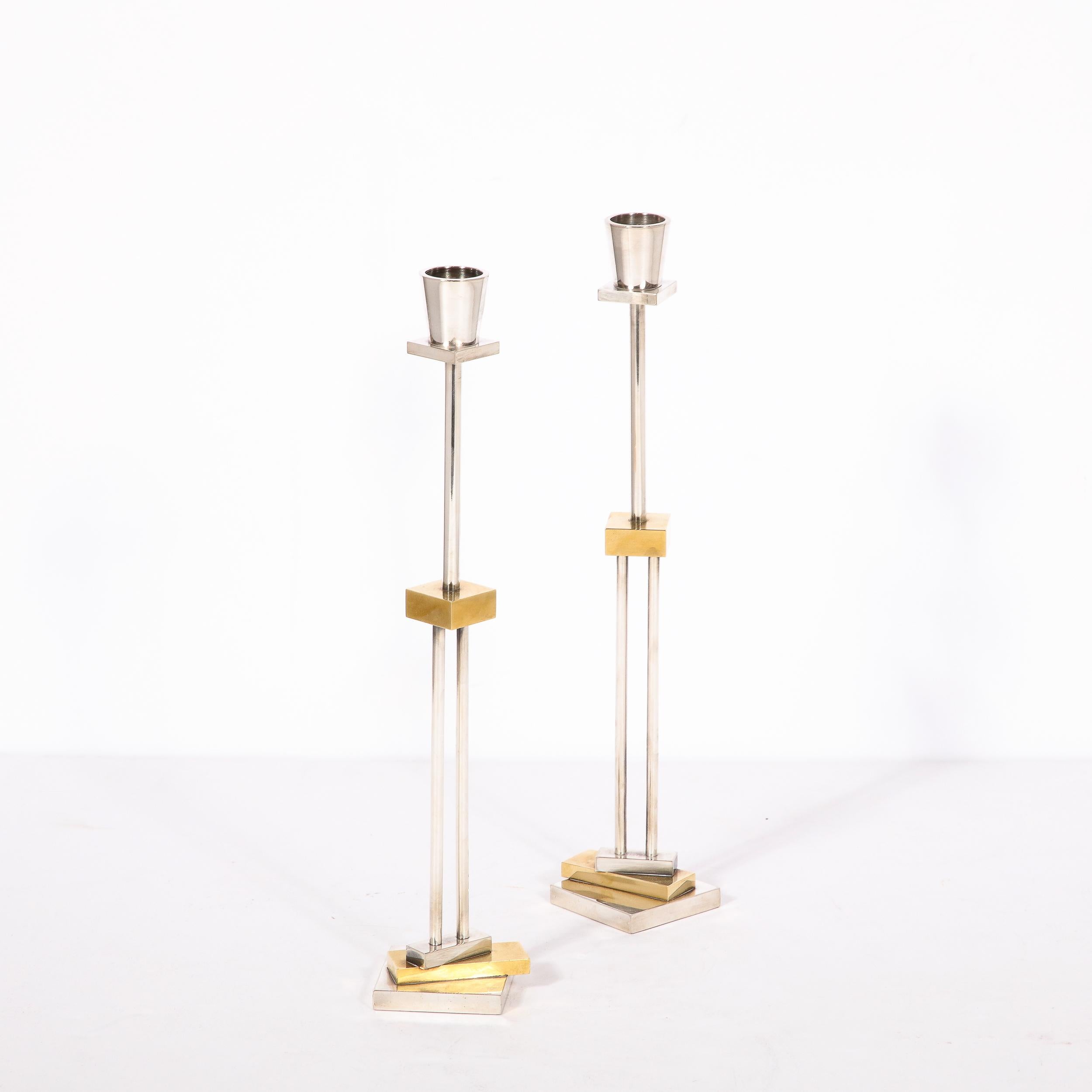 Pair of Silver Plate & Brass Candlesticks by Ettore Sottsass for Swid Powell 3